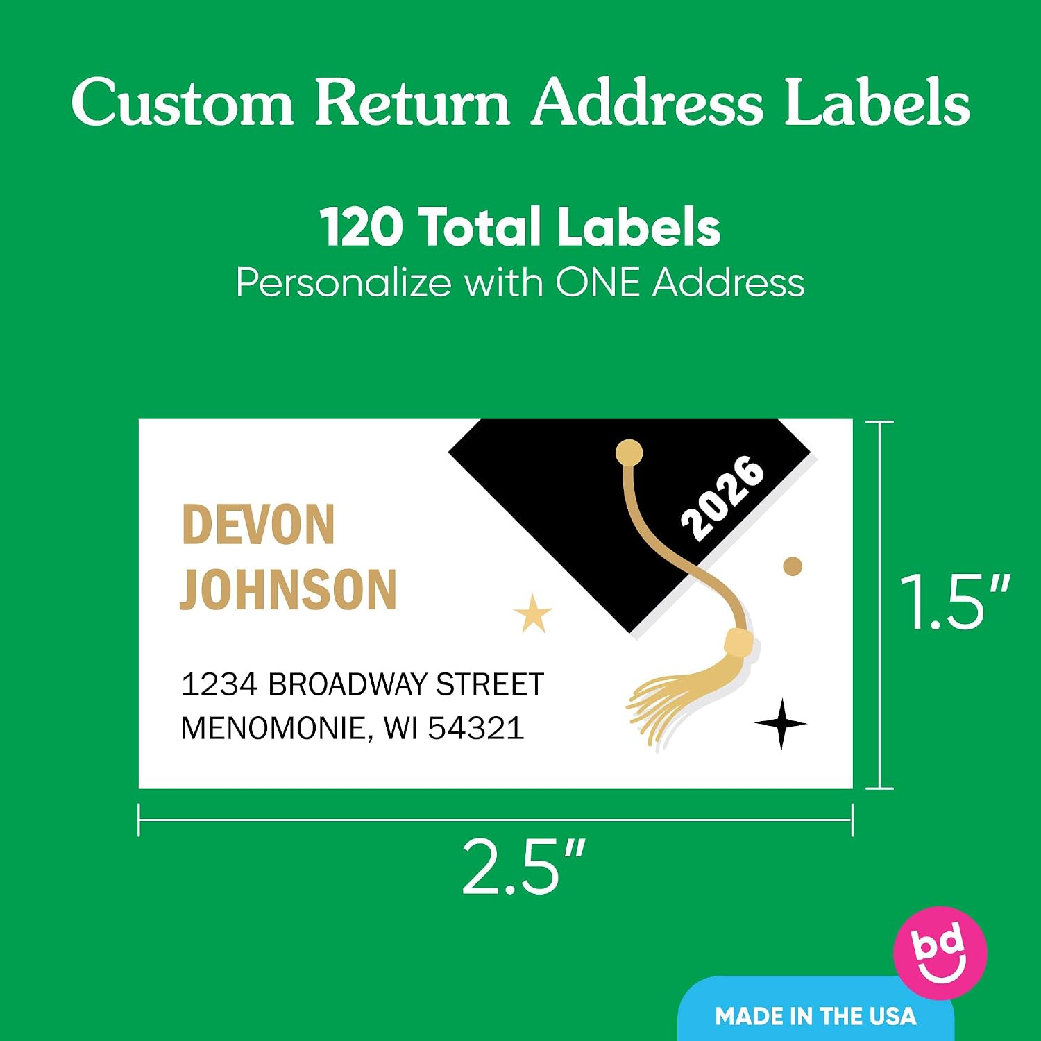 Big Dot of Happiness Gold Tassel Grad Party Personalized Return Address Labels for Envelopes, Custom Stickers with Name & Address, Home Mailing Labels for Invites & Thank Yous - 120 Count