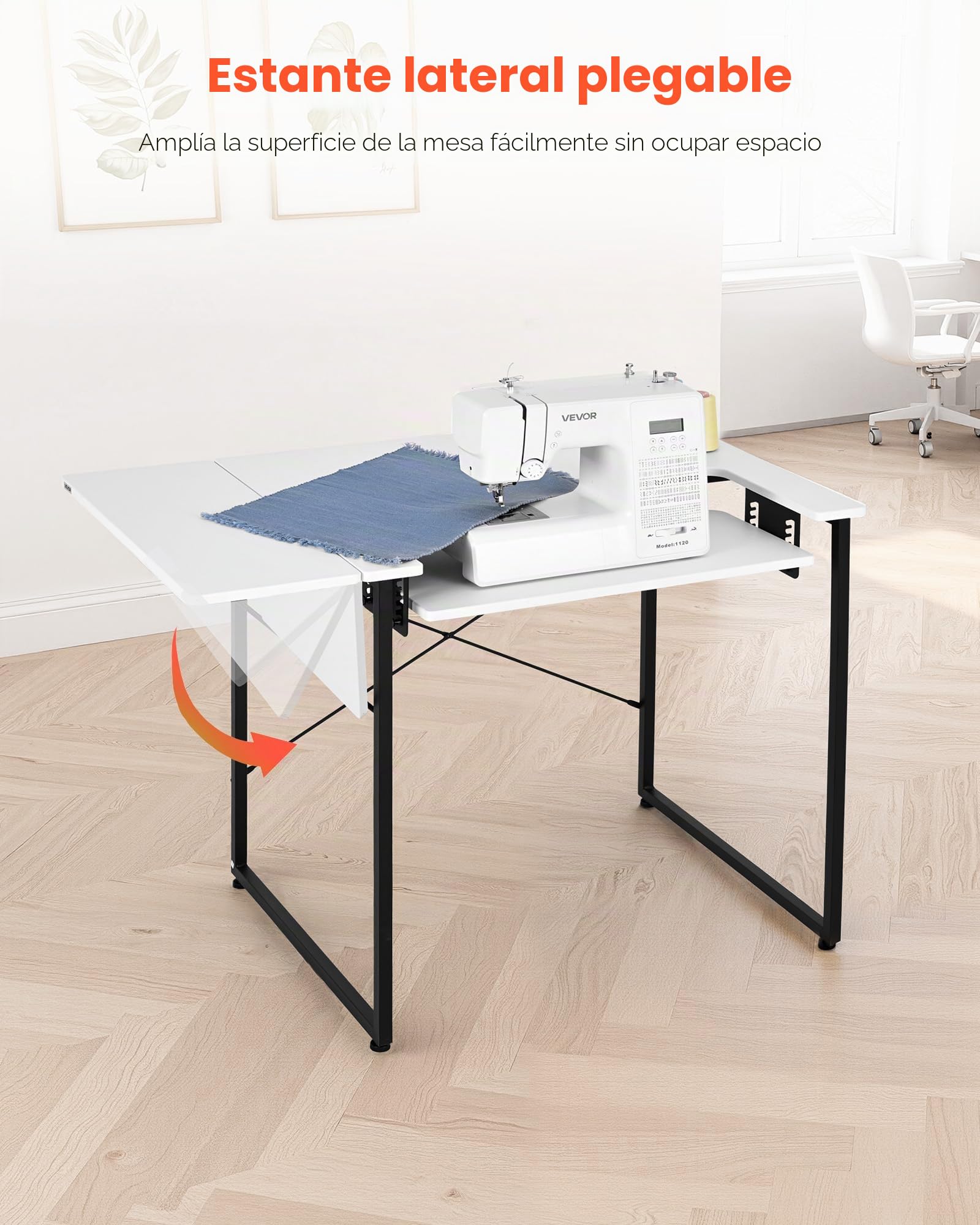 VEVOR Mesa de Costura con Tablero Plegable, Estante Ajustable y Patas de Acero, Multiusos, para Estudio de Moda en Casa, Estudio de Arte, Institución Educativa, Color Blanco, 1045 x 600 x 760 mm