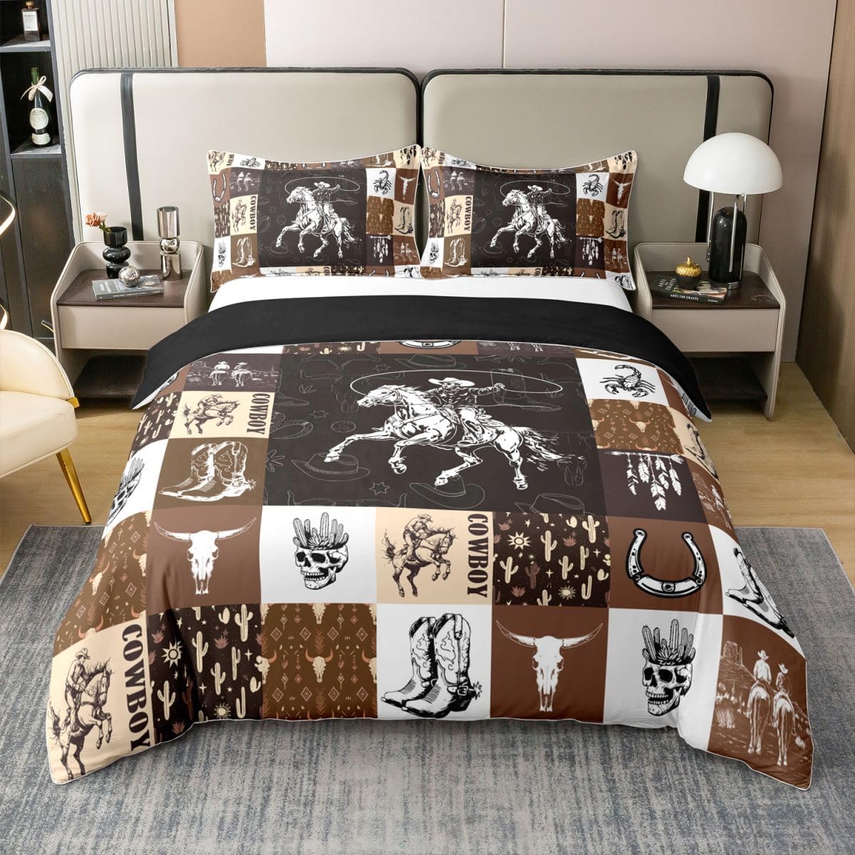 Cowboy 100% Cotton Duvet Cover Twin Western Bedding Set For Teen Boys Boho Arrows Feather Bull Skull Horse Riding Comforter Cover American Horseshoe Cactus Desert Blue Yellow Gray Quilt Cover