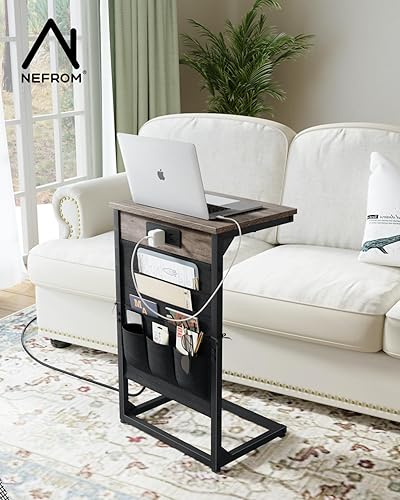 Miniatura 6 de Mesa auxiliar en forma de C con estación de carga rápida, mesa auxiliar de sofá pequeña con bolsa de almacenamiento, mesa de bandeja de sofá para