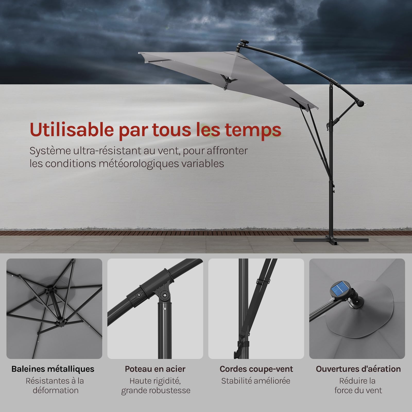 WOLTU Parasol Déporté, avec LED Solaire, Parasol de Jardin Extérieur, Hexagonal, Ф3m, Rotation à 360°, Inclinaison Réglable, UPF 50+, Mât en Métal, avec Manivelle, Housse et Cordes
