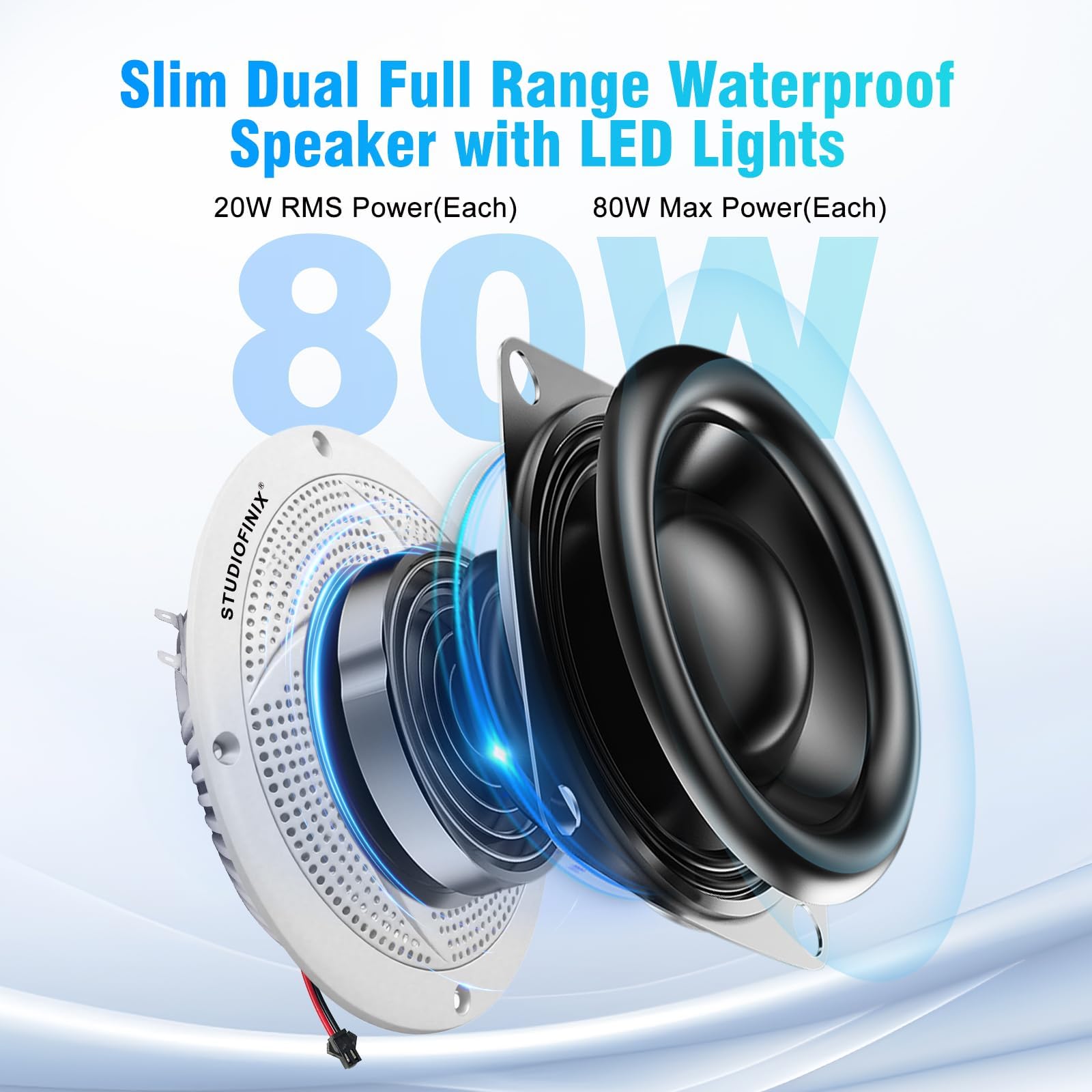 STUDIOFINIX wasserdichte Bluetooth-Bootslautsprecher – 5,25-Zoll-2-Wege-Audiosystem für den Außenbereich, wetterfest, mit LED-Beleuchtung, 160 Watt Leistung und schlankem, flachem Design – (weiß)
