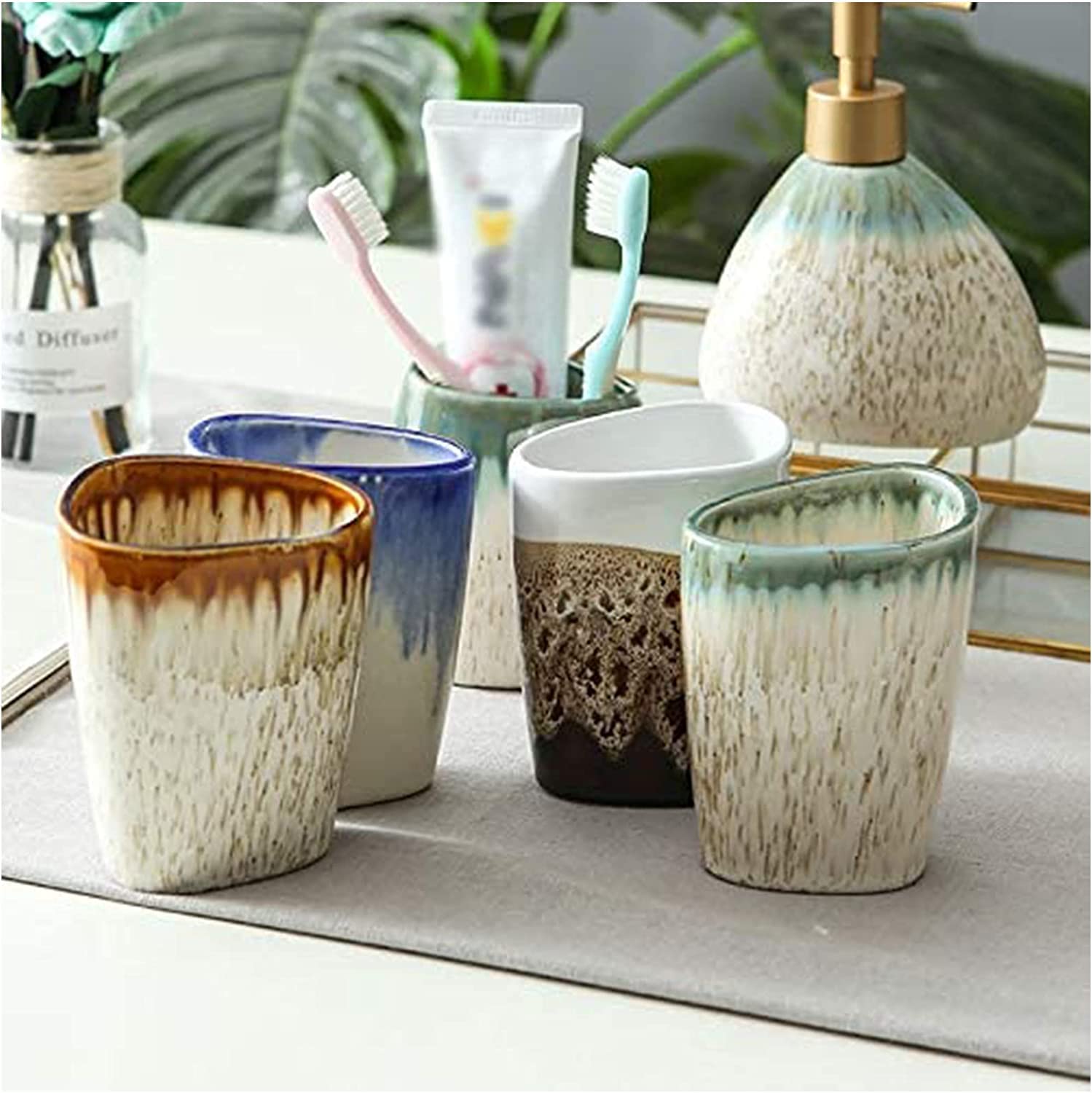 Zestaw Dozowników Mydła Ceramiczny Dozownik Do Mydła Łazienkowego Zestaw 5 Sztuk Łazienkowy Na Parapetówkę Prezent Kąpieli w Europejskim Stylu Łazienka(Blue)