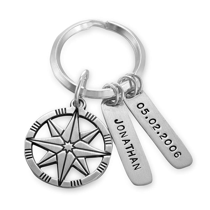 Handmade Engraved Personalized Custom Compass Keychain in