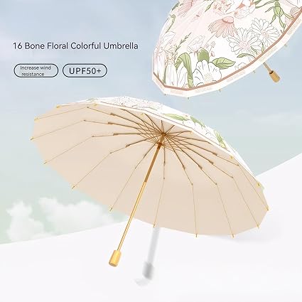 Meichoon Ombrello UV UPF50+ portatile, leggero, impermeabile, a doppio strato, design antivento, stile retrò/classico floreale, vintage, per donne, viaggi e uso quotidiano