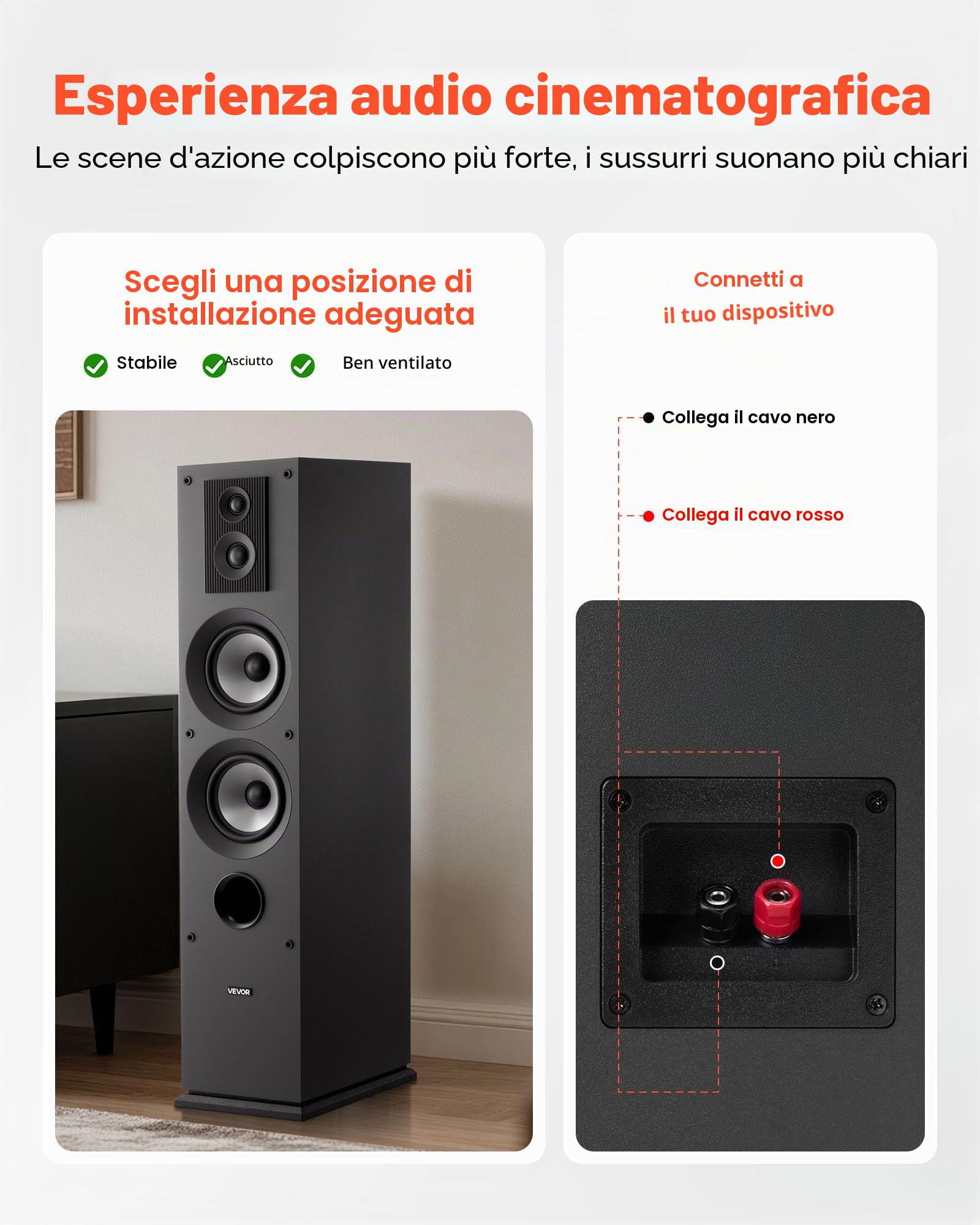 VEVOR Altoparlante da Pavimento, Altoparlante a Torre a 3 Vie con Doppi Woofer da ca. 133,3 mm, Picco da 145 W, Involucro in MDF, Risposta in Frequenza da 70 Hz a 20 kHz, per Audio Domestico, 2 Pezzi