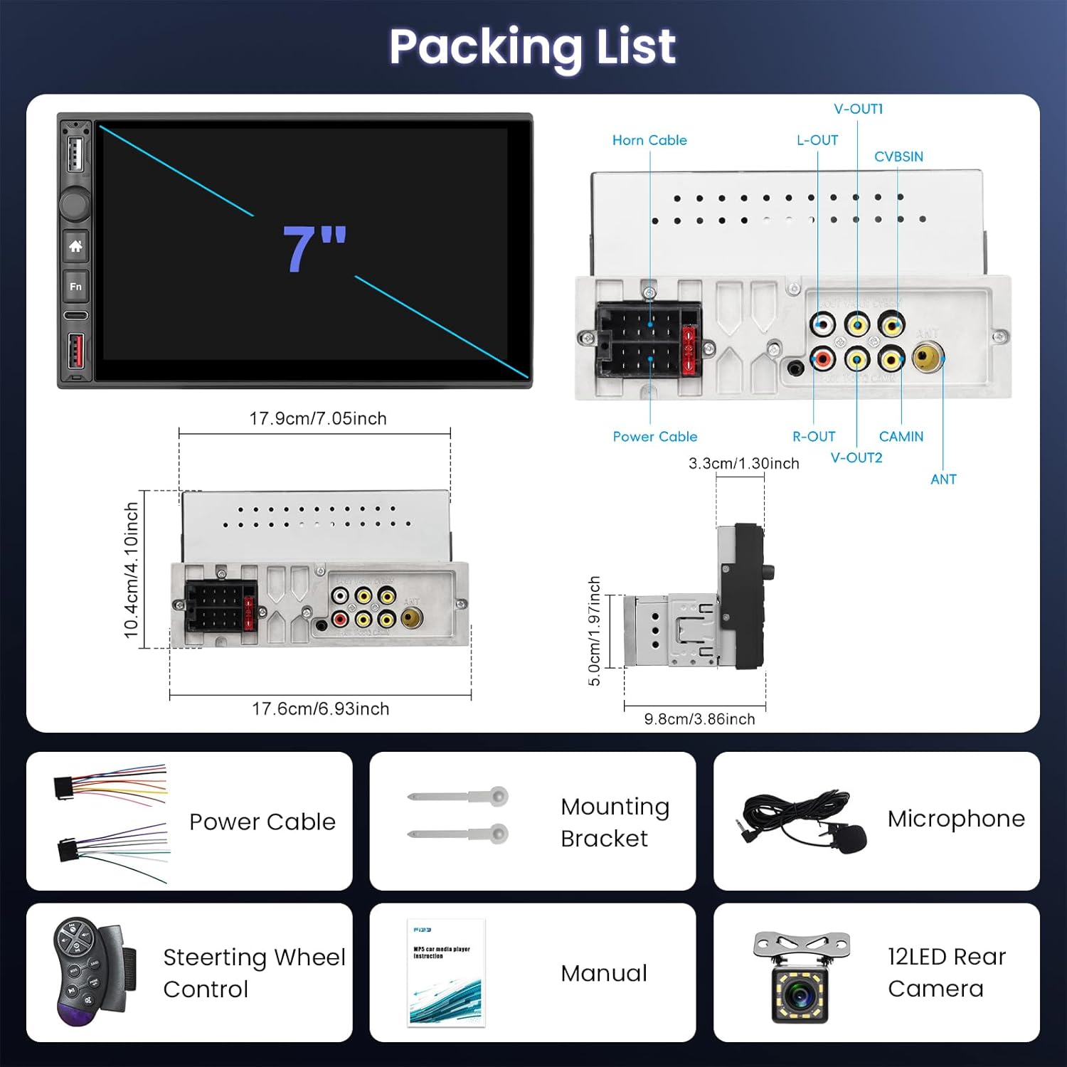 Diagram showing all components included in the Hodozzy 1DIN Car Multimedia Player package, including the main unit, cables, microphone, camera, and manual.