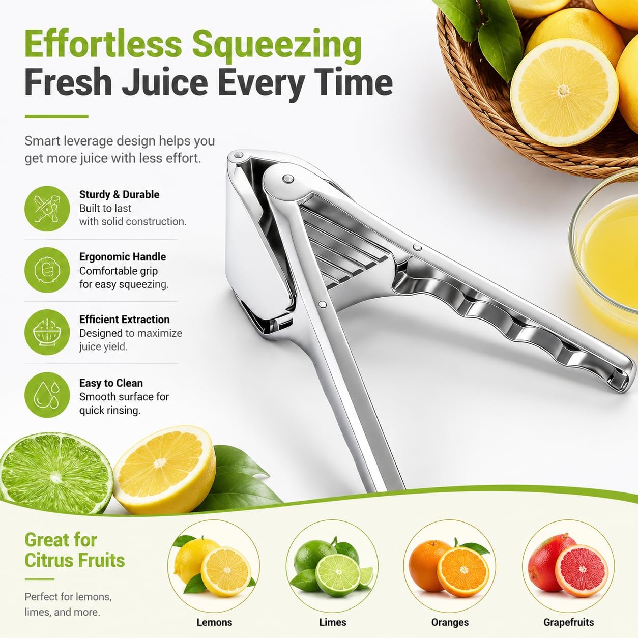 Stainless Steel Lemon Squeezer, Manual Citrus Juicer for Lemon, Lime, Orange and More Fruits, Handheld Fruit Juice Press with Filter, Foldable Kitchen Squeezer for Cooking, Drinks and Cocktails