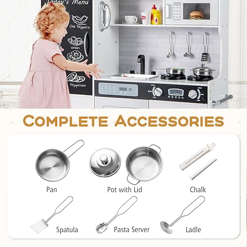 Miniatura 6 de GLACER Juego de cocina para niños, juego de cocina de juguete de madera con luces y sonidos, pizarra, teléfono, dispensador de agua, grifo giratorio