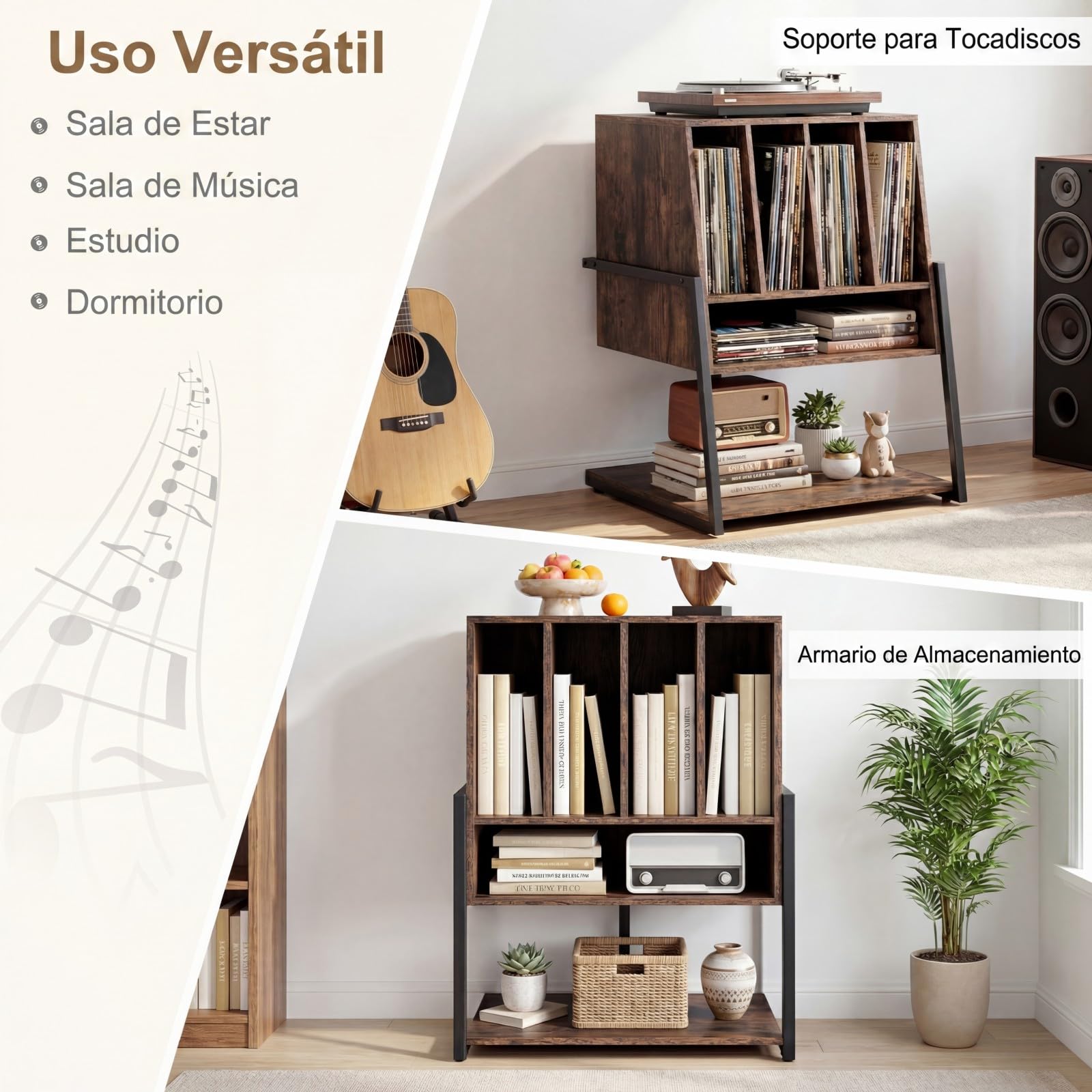 COSTWAY Mueble Tocadiscos con Ruedas, Mesa Auxiliar de Madera para Discos, Marco Metálico con Estante para Vinilos, Mueble para Tocadiscos y Vinilos, Salón y Dormitorio (sin Eschufe,Marrón)