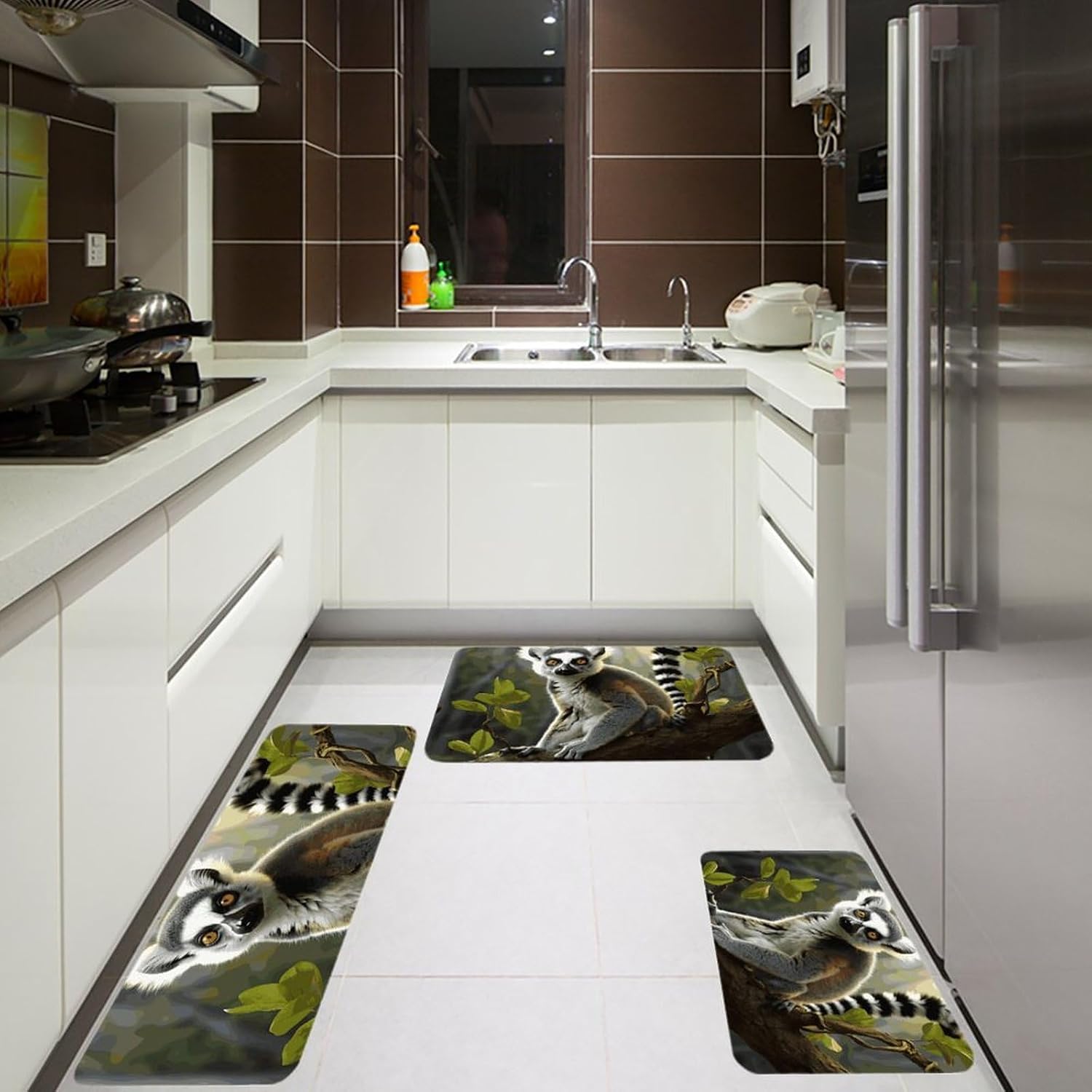 Tailed Lemur Kitchen Mats for Floor 3 Pcs Kitchen Rugs
