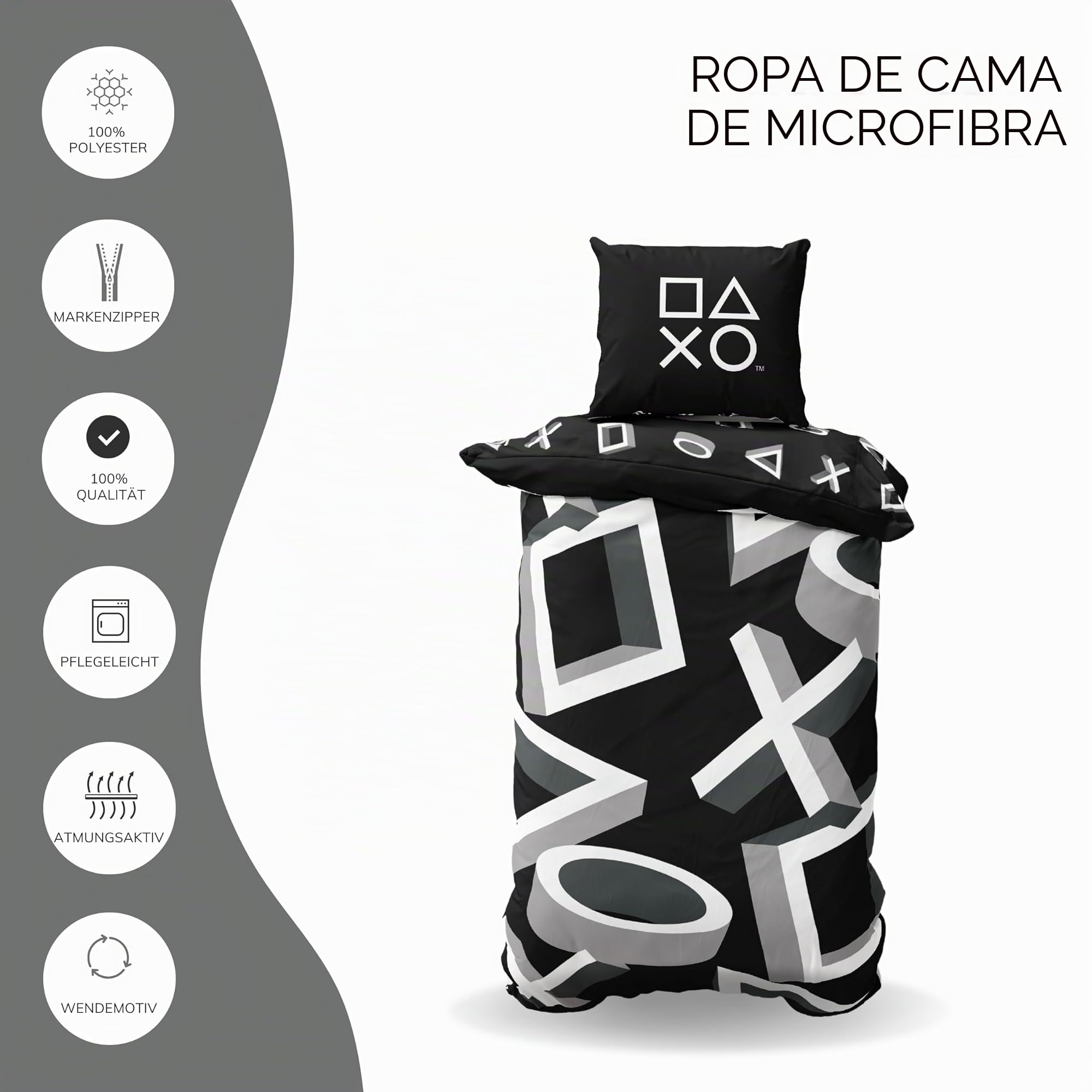 Juego de ropa de cama Playstation 135x200 - Idea de regalo para adolescentes amantes de los videojuegos, 1x funda de almohada 80x80 + funda de edredón 135x200, con cremallera - Motivo reversible