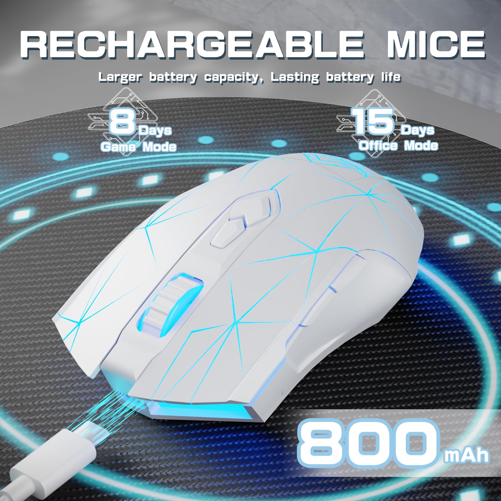 AJ52PRO Bezprzewodowa Mysz do Gier, Lekka Mysz do Gier z Tri-Mode - 2.4G/BT5.0/USB Wired, Do 10 000 DPI, Ergonomiczna PC Gaming Mice z Rainbow LED Backlight i 8 Przyciskami do Win/Mac - Gwiazda Biała