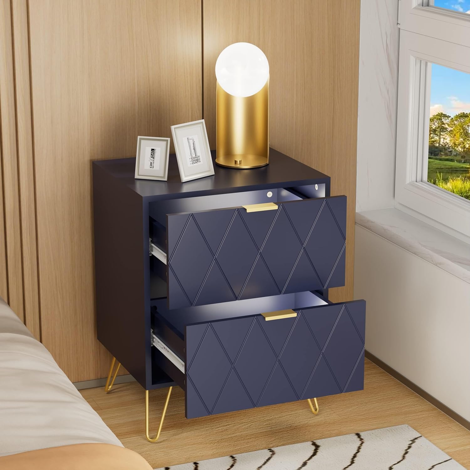 UEV Lot de 2 Table à Chevet, Table de Nuit, Table d’Appoint avec 2 Tiroirs, avec Manches et Pieds en Couleur Doré, Style Moderne, Scandinave pour Salon, Chambre, 40 x 30 x 52 cm, Bleu (2 Tiroirs)