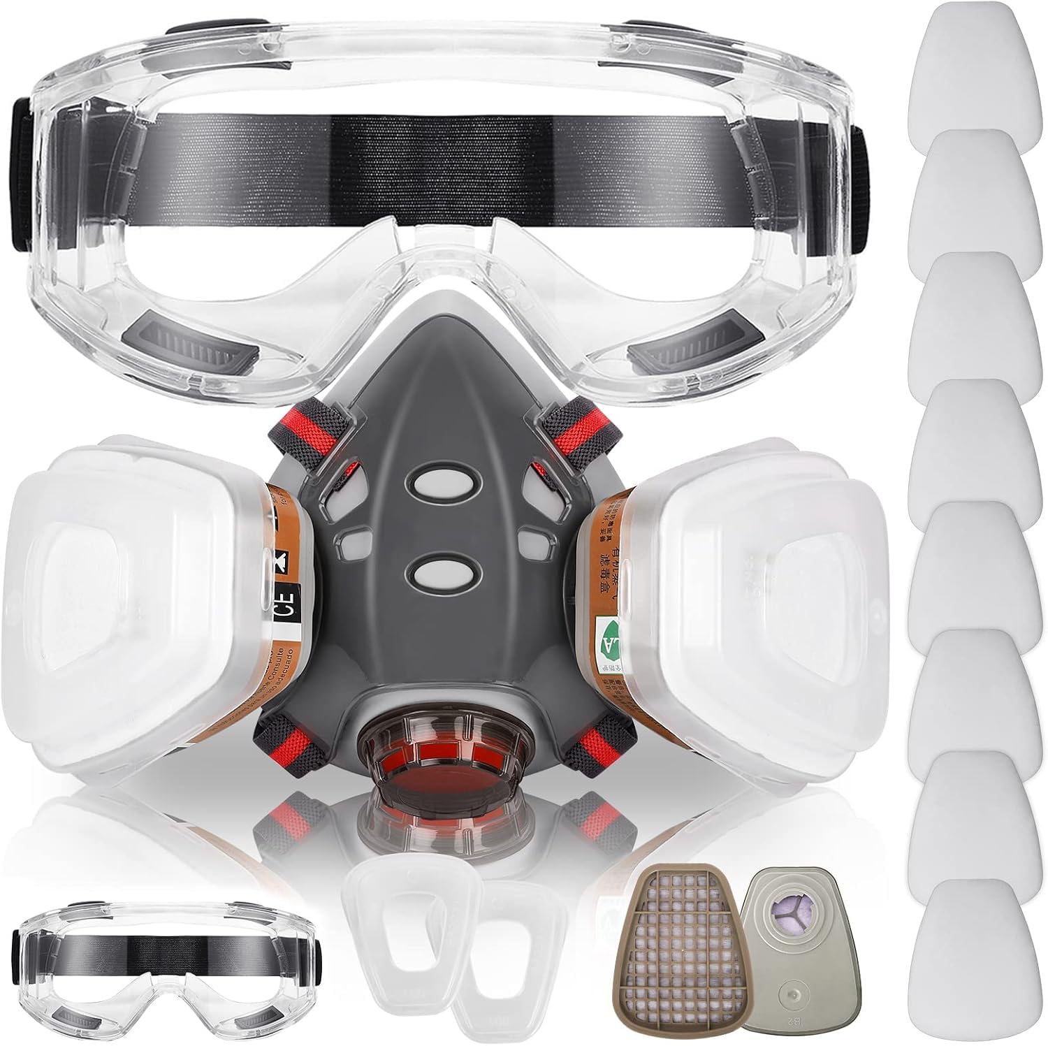 ANUNU Respirator Mask with Filters, Reusable Respirator with Goggles Against Dust, Chemical, Paint, Epoxy Resin, Sanding, Gas, Woodworking