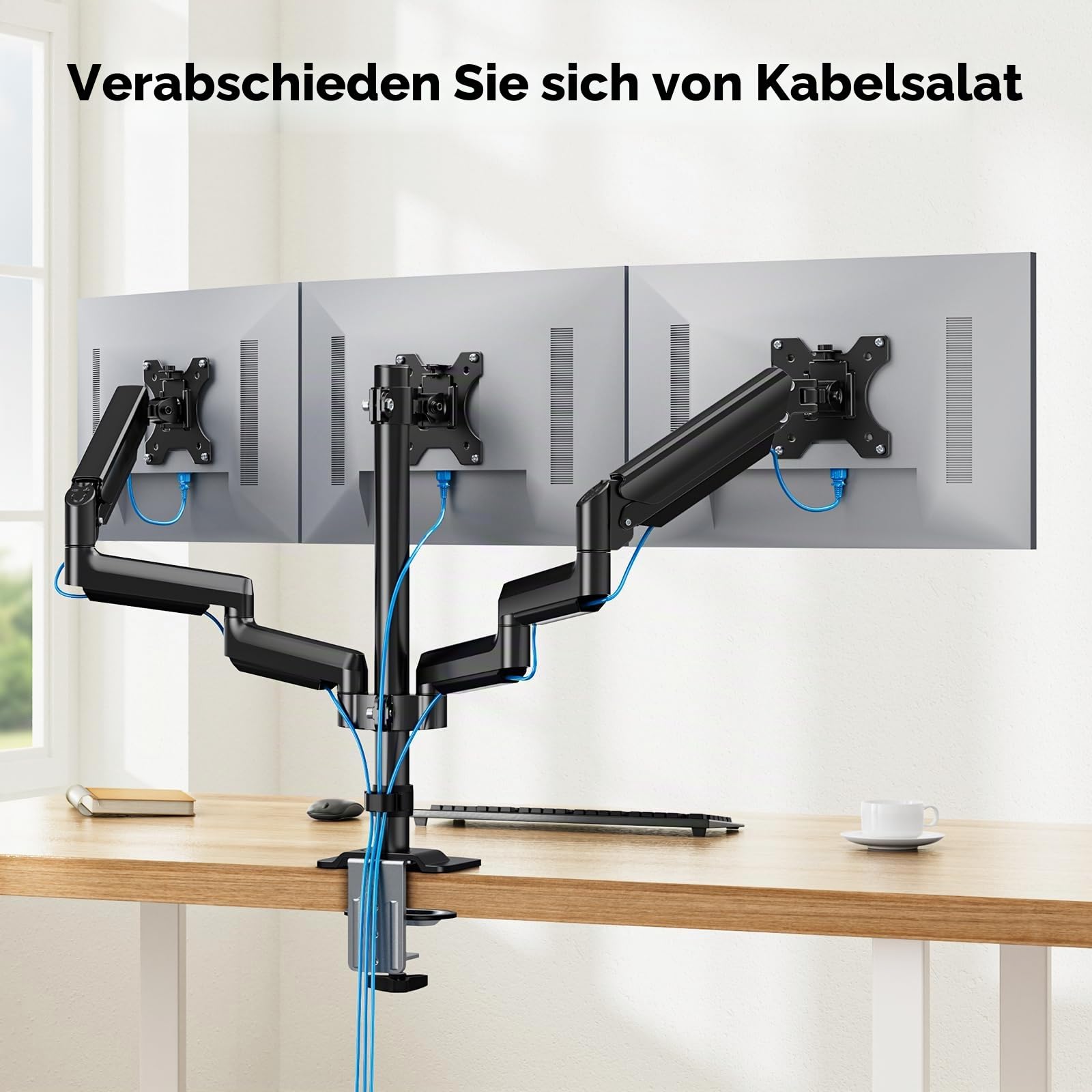 HUANUO Monitorhalterung 3 Monitore für 13-27 Zoll Computerbildschirme, Bildschirm Halterung 3 Monitore mit 8kg Gasfederarm, Triplemonitorstand mit Neigung, Drehung, Schwenkung, VESA 75x75, 100x100 mm