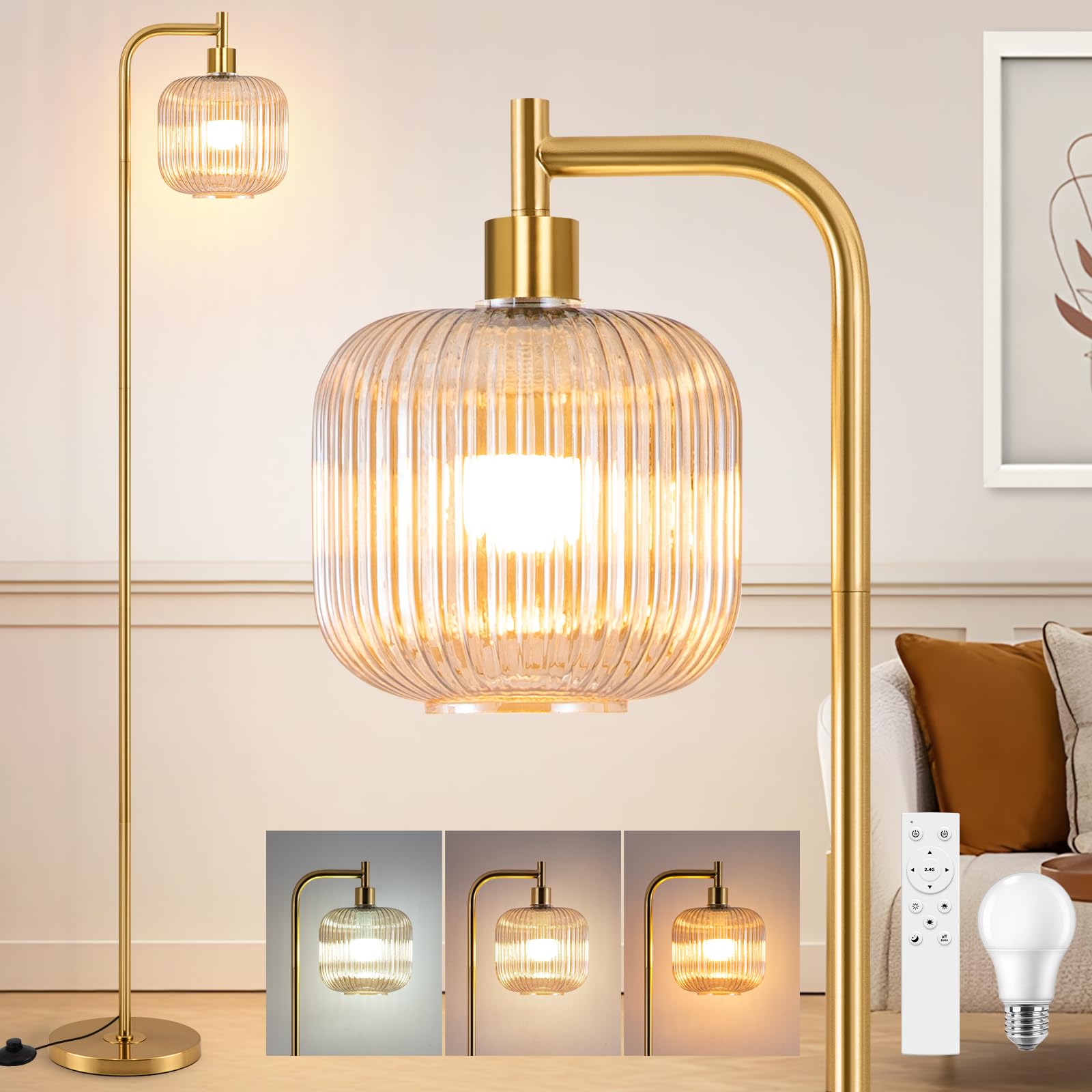 Retro LED Stehlampe Dimmbar, 160cm Vintage Stehlampe Wohnzimmer Mit Bernstein Glaslampenschirm, Fußschalter, Fernbedienung, 2700K-6500K, Moderne Stehlampen für Wohnzimmer Schlafzimmer Büro