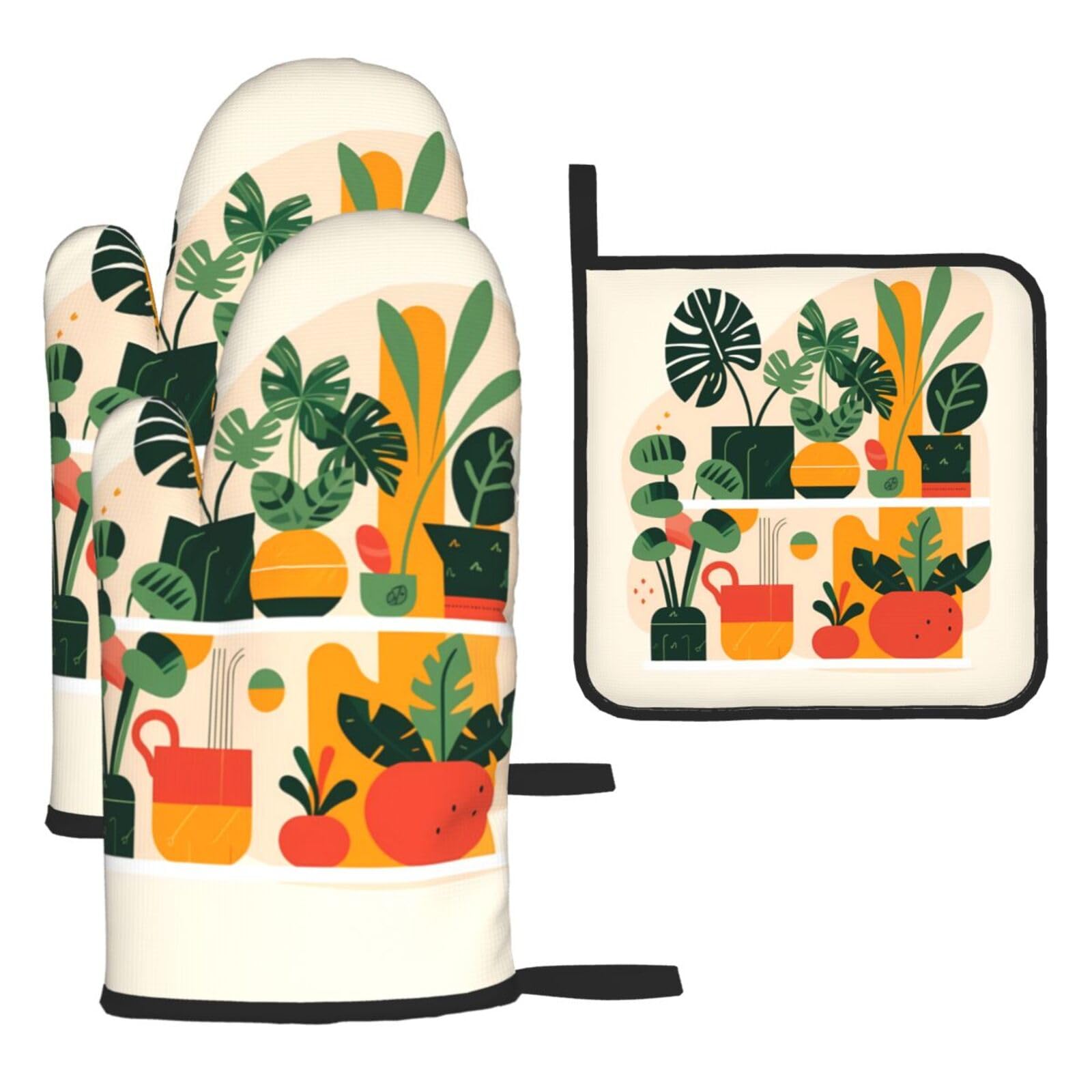 Cartoon potted turtle back bamboo Oven mittens and oven mitts three-piece set suitable for oven, grilling, baking, microwave and home cooking.