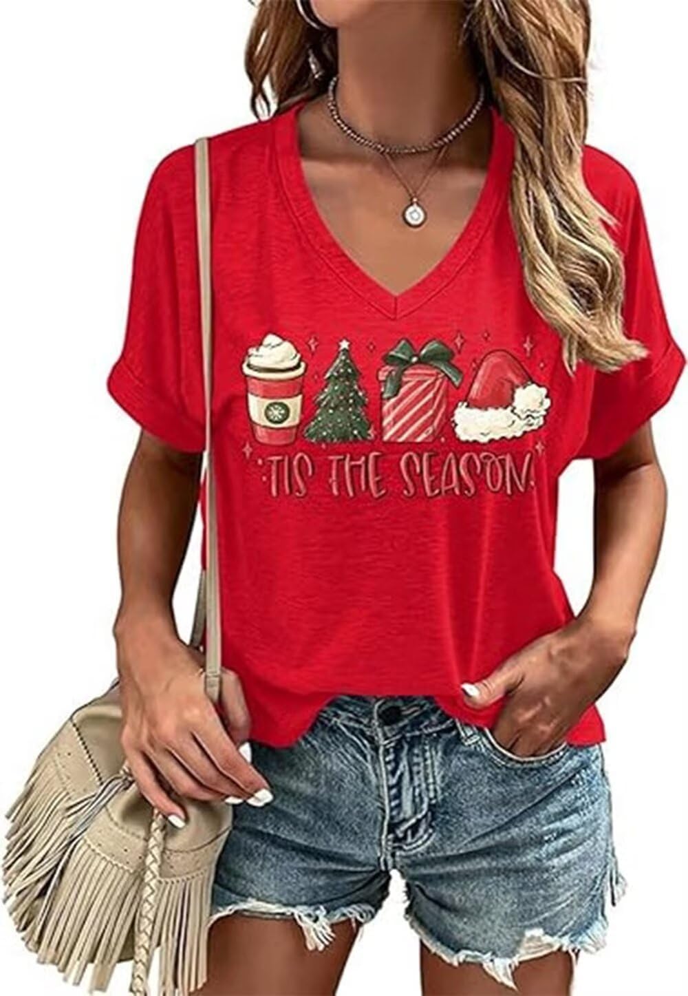 Christmas Graphic V Neck T Shirt for Women Christmas Tree Xmas Gift Cute Tee Tops Casual Holiday Short Sleeve Shirts