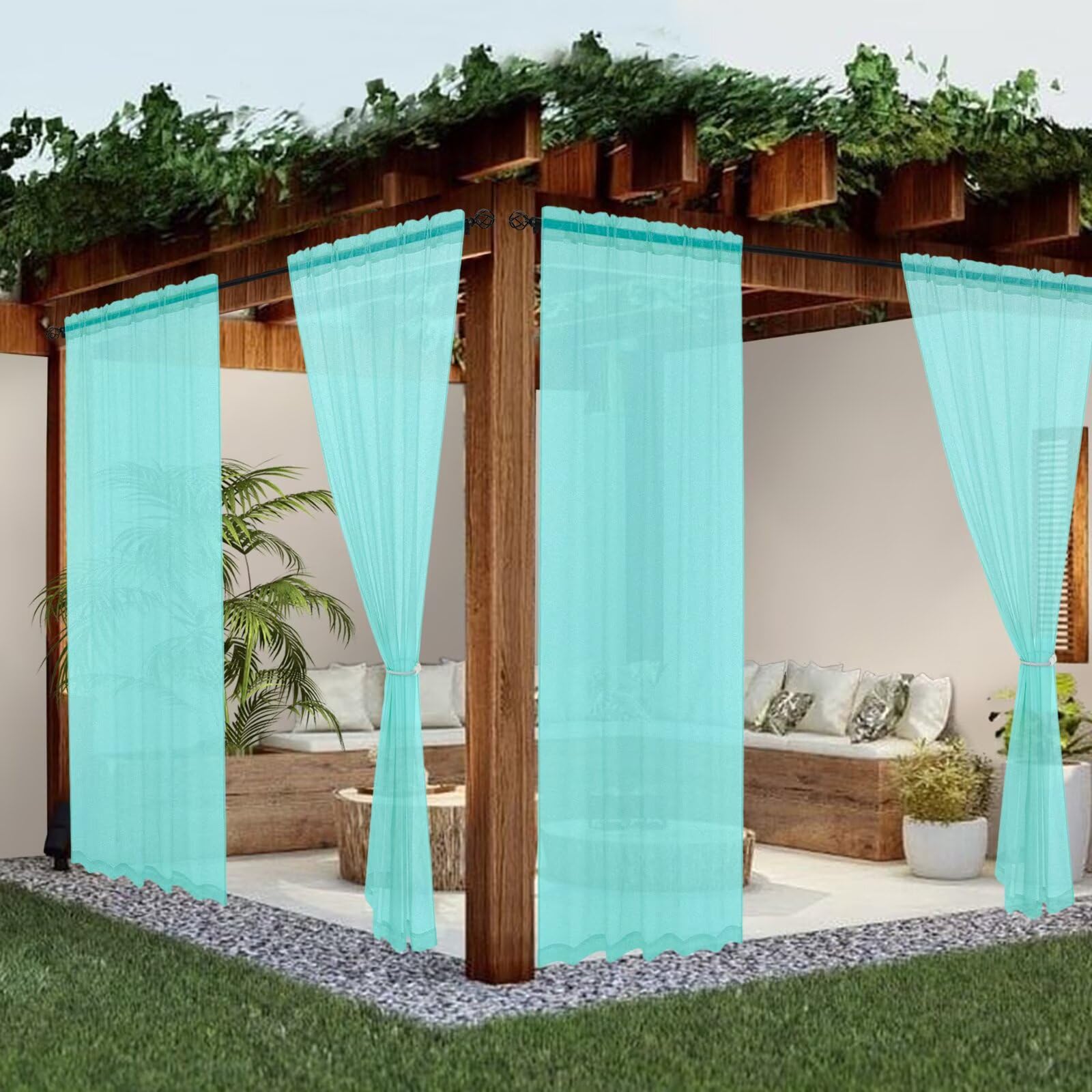 youleyar Sheer Outdoor Curtains for Patio Waterproof 4 Panels Linen Look Rod Pocket Indoor Turquoise Voile Curtain for Living Room, Bedroom, Porch, Pergola, Cabana, Gazebo(52x84 Inch, Turquoise)