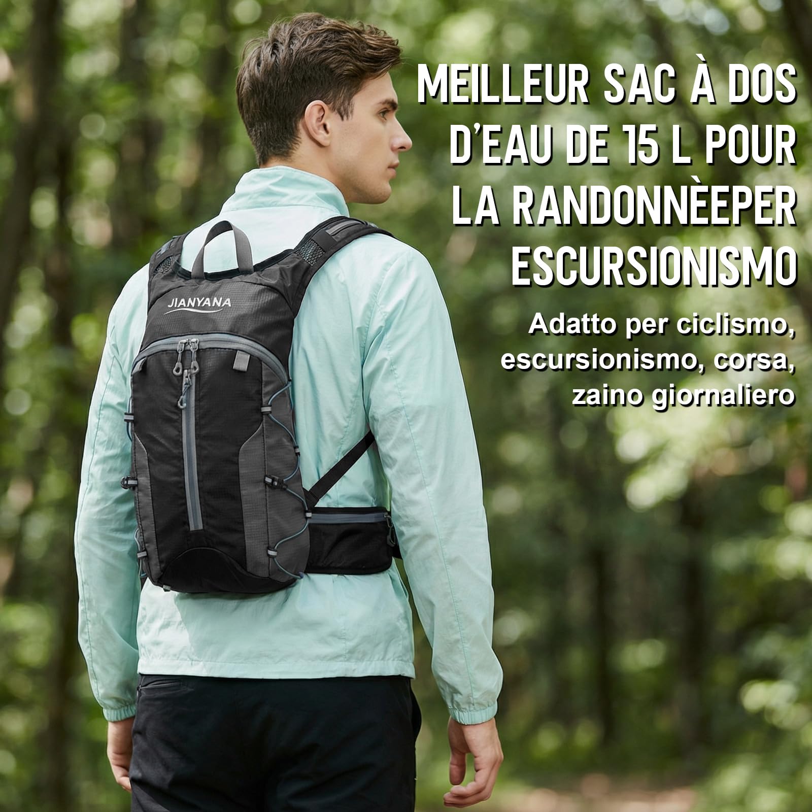 JIANYANA Sac à dos d'hydratation, pliable, noir, 3 l, 550 g, convient pour le cyclisme et la randonnée, noir