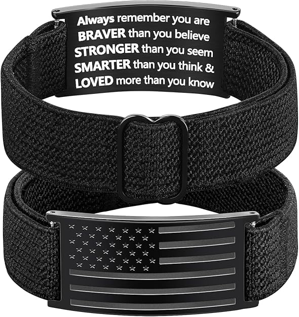 LDOWWGL Patriotic American Flag Bracelets for Men Boys - Adjustable Black Military Elastic Stretch Strap with Inspirational Bible Verse - Veteran Gifts, Soldier Appreciation Jewelry