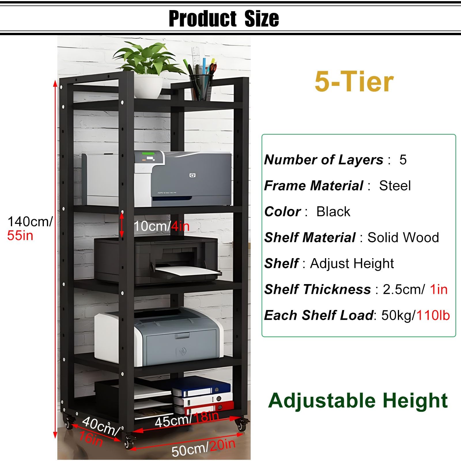 SRNSAEB 4/5/6/7 -Tier Movable AV Media Stand CD Player Stand Stereo Component Cabinet with Height Adjustable Wooden Shelf for Home/Office/Theater, 50x40x140cm (Color : Black, Size : 5-Tier)