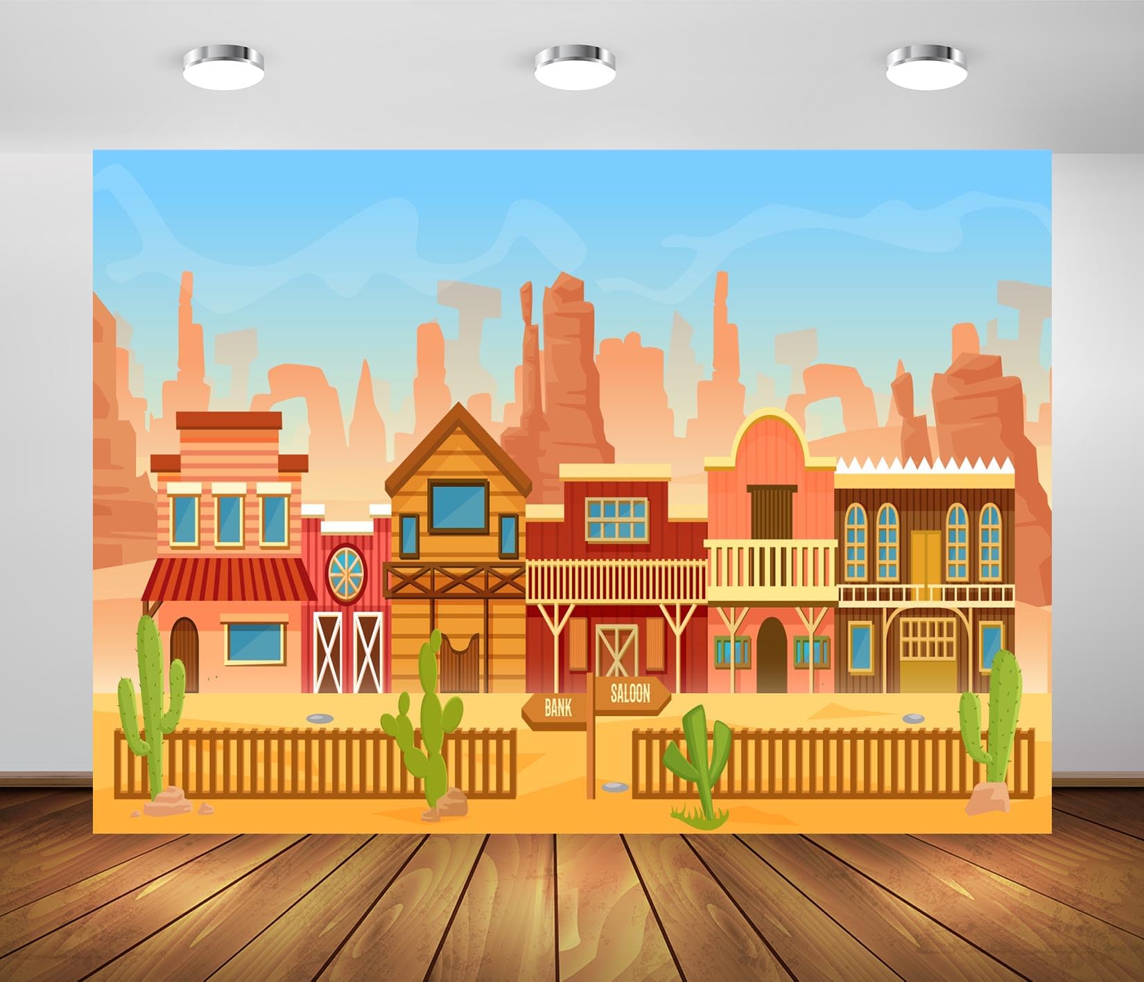 BELECO 10x8ft Fabric Cartoon Western Town Backdrop Wildwest Desert Scene Western Bank Saloon Cactus Canyon Background Western Cowboy Cowgirl Baby
