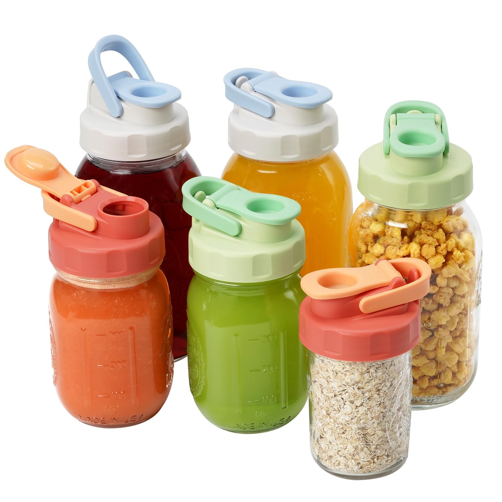 SOLIGT 6 Pack Mason Jar Lids Pour Spout, Regular Mouth Flip Cap, Colorful