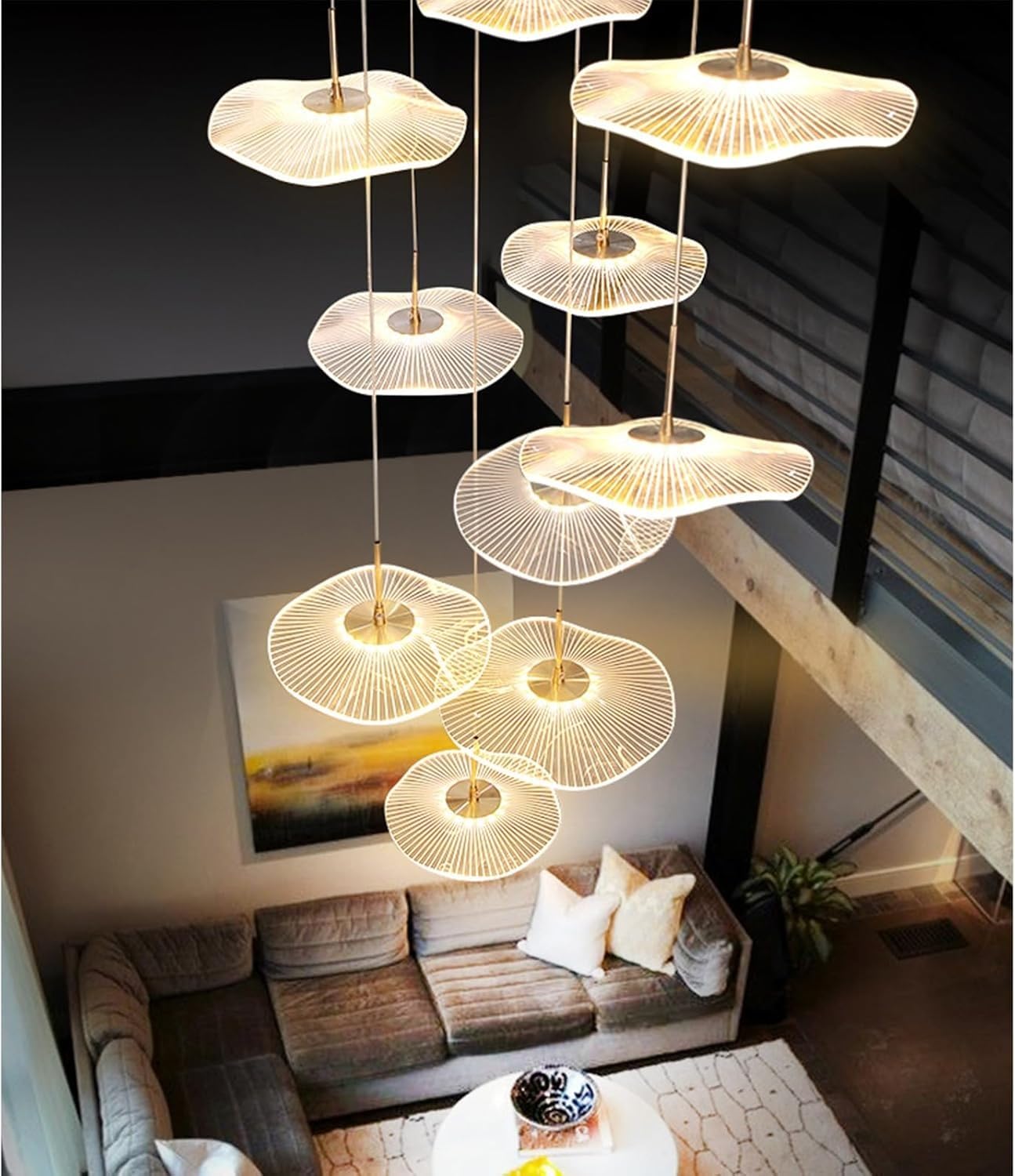 LYSDjia High ceiling chandelier dimmable modern gold lotus leaf shape Pendant Light spiral luxury linear LED lamp hanging Lamp suitable for foyer entrance staircase villa living room