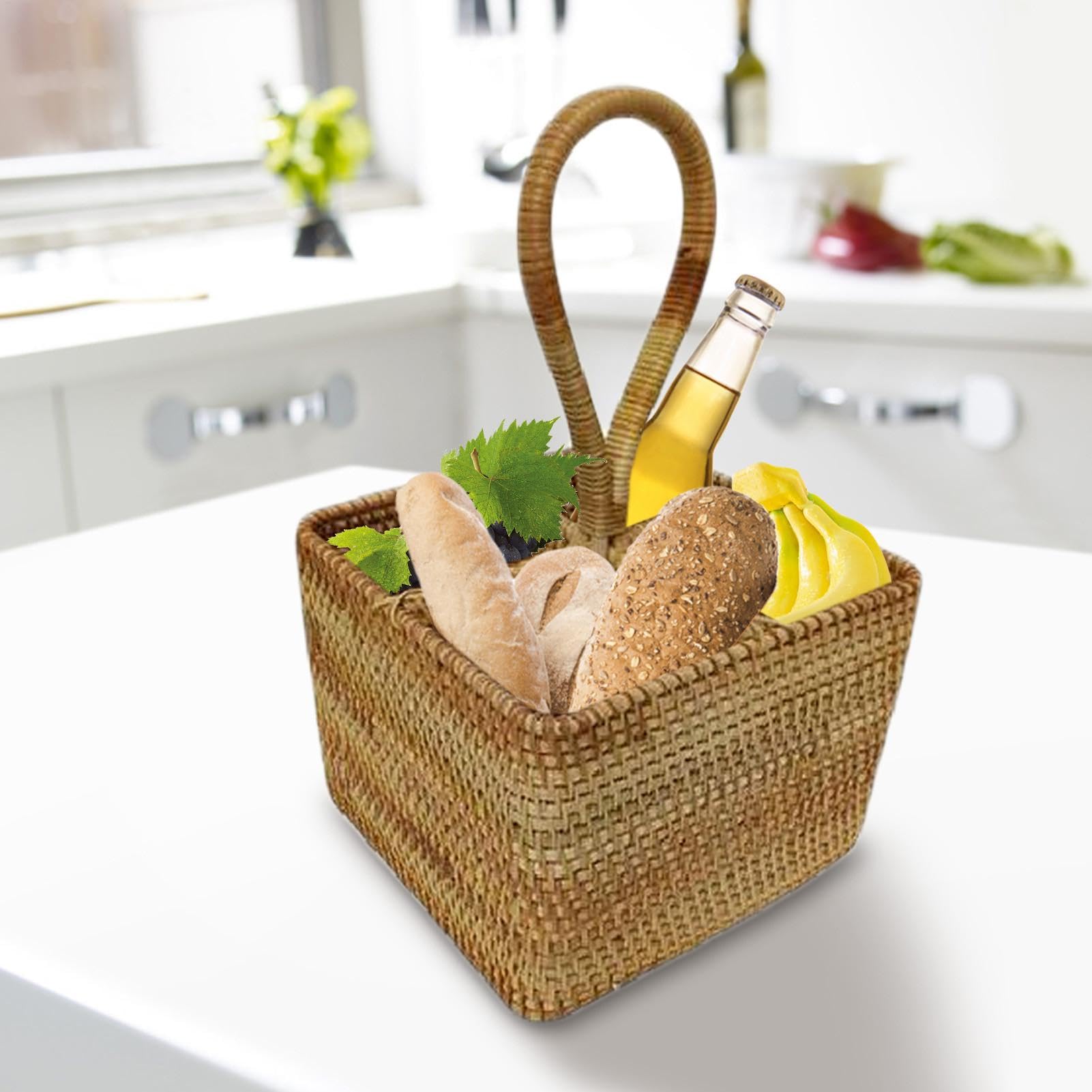 Cestino in vimini – Cesto portaoggetti in vimini naturale, intrecciato a mano, cestino da picnic 17,8 x 17,8 cm, manico lungo, 4 scomparti, cestino in rattan per picnic, bottiglie, posate, utensili da