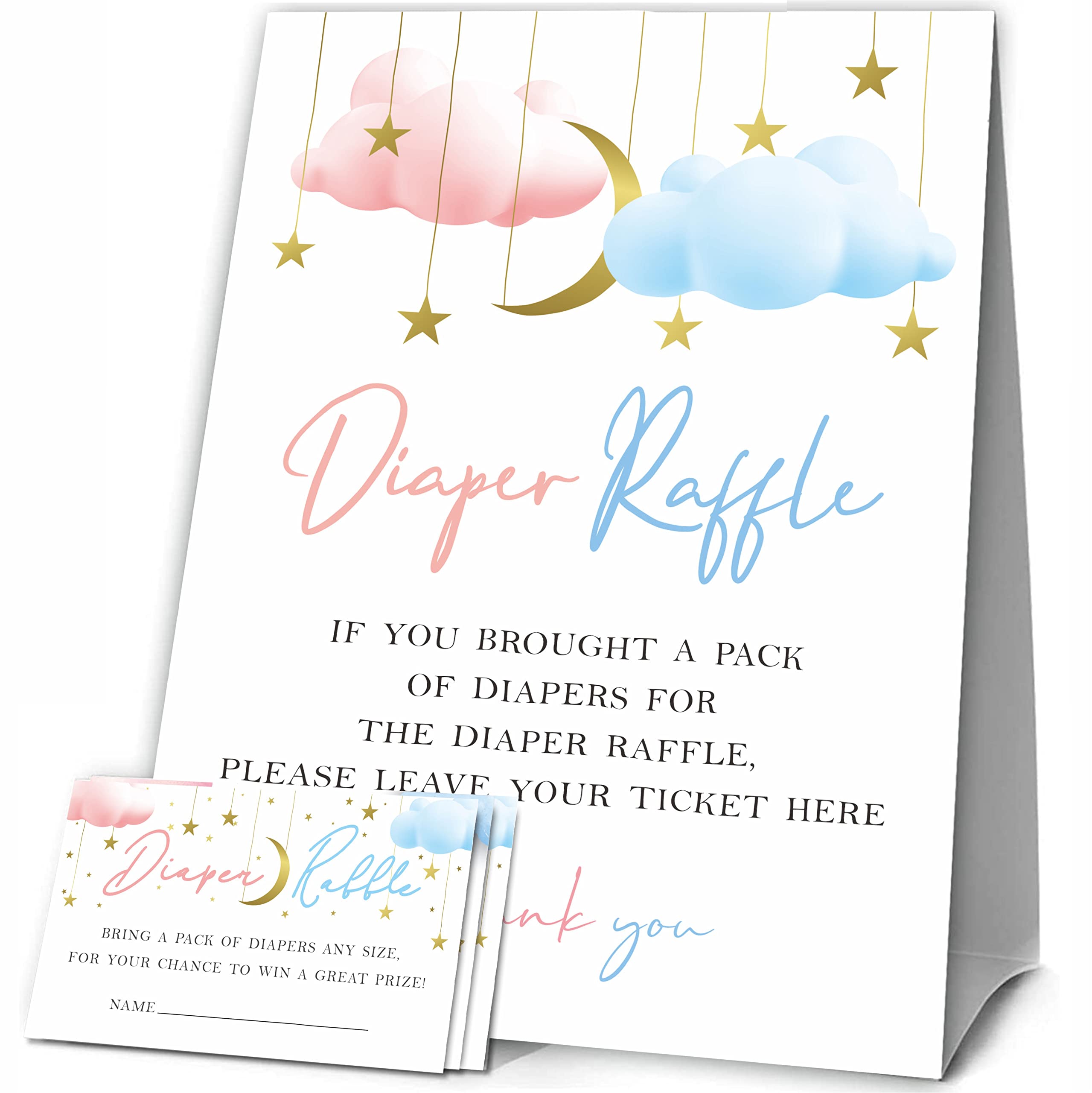 JCVUK Baby Shower Games, 1 Diaper Raffle Standing Sign with 50 Diaper Raffle Tickets, Twinkle Twinkle Little Star, Gold Moon and Stars Theme Gender