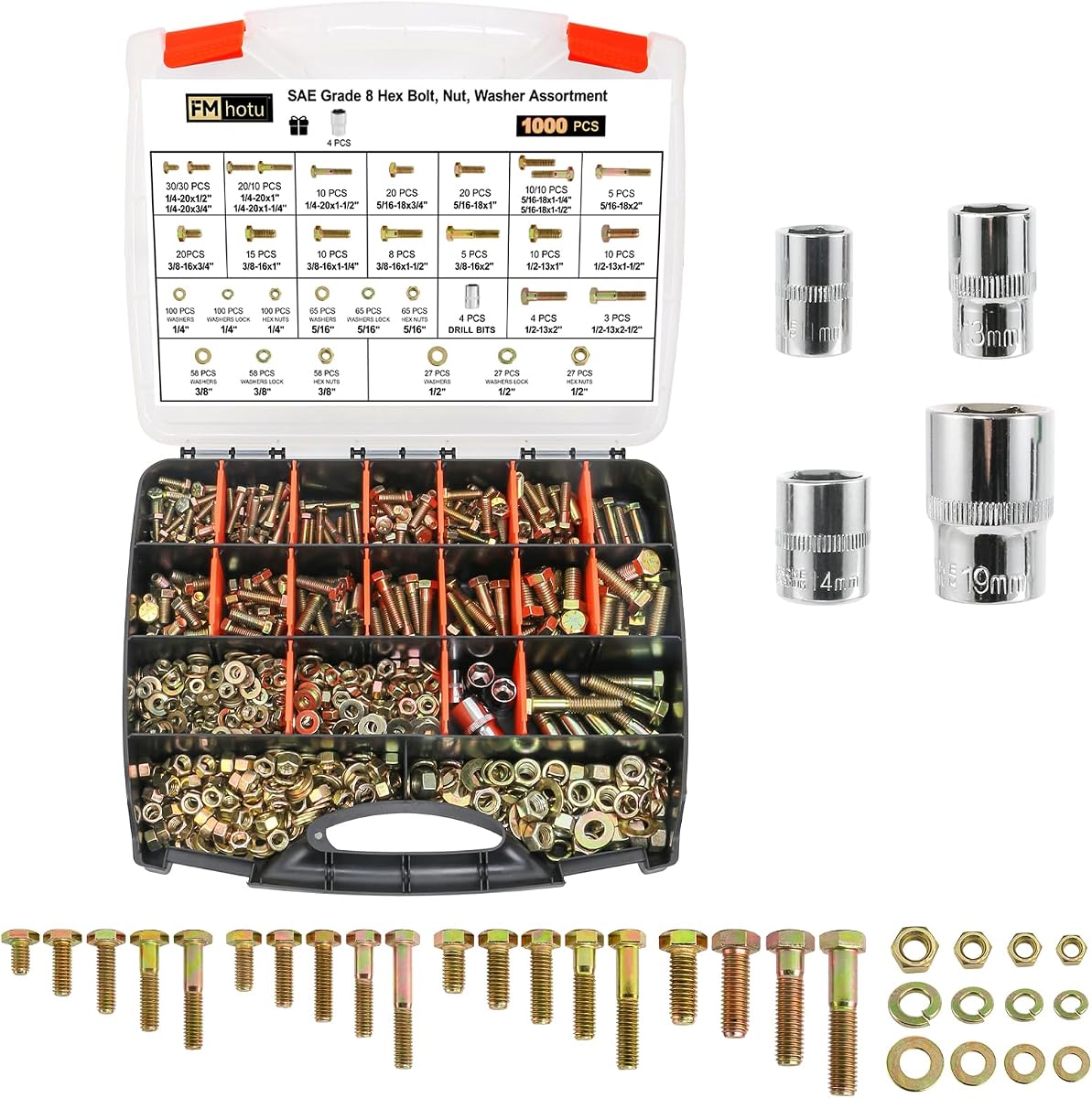 1000PCS Grade 8 Bolt Assortment Kit, Heavy Duty Bolts and Nuts Kit | 1/4-20 5/16-18 3/8-16 1/2-13 SAE Grade 8 Alloy Steel Hex Cap Screws Nuts Washers, Comes with 4 Bits（Yellow Zinc Plated）