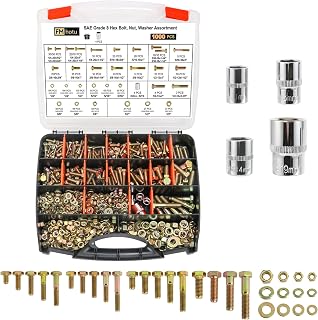 FMhotu 1000PCS Grade 8 Bolt Assortment Kit: SAE Hex Bolts Nuts Washers 1/4-20 to 1/2-13, Alloy Steel Yellow Zinc Plated w/ 4 Bits