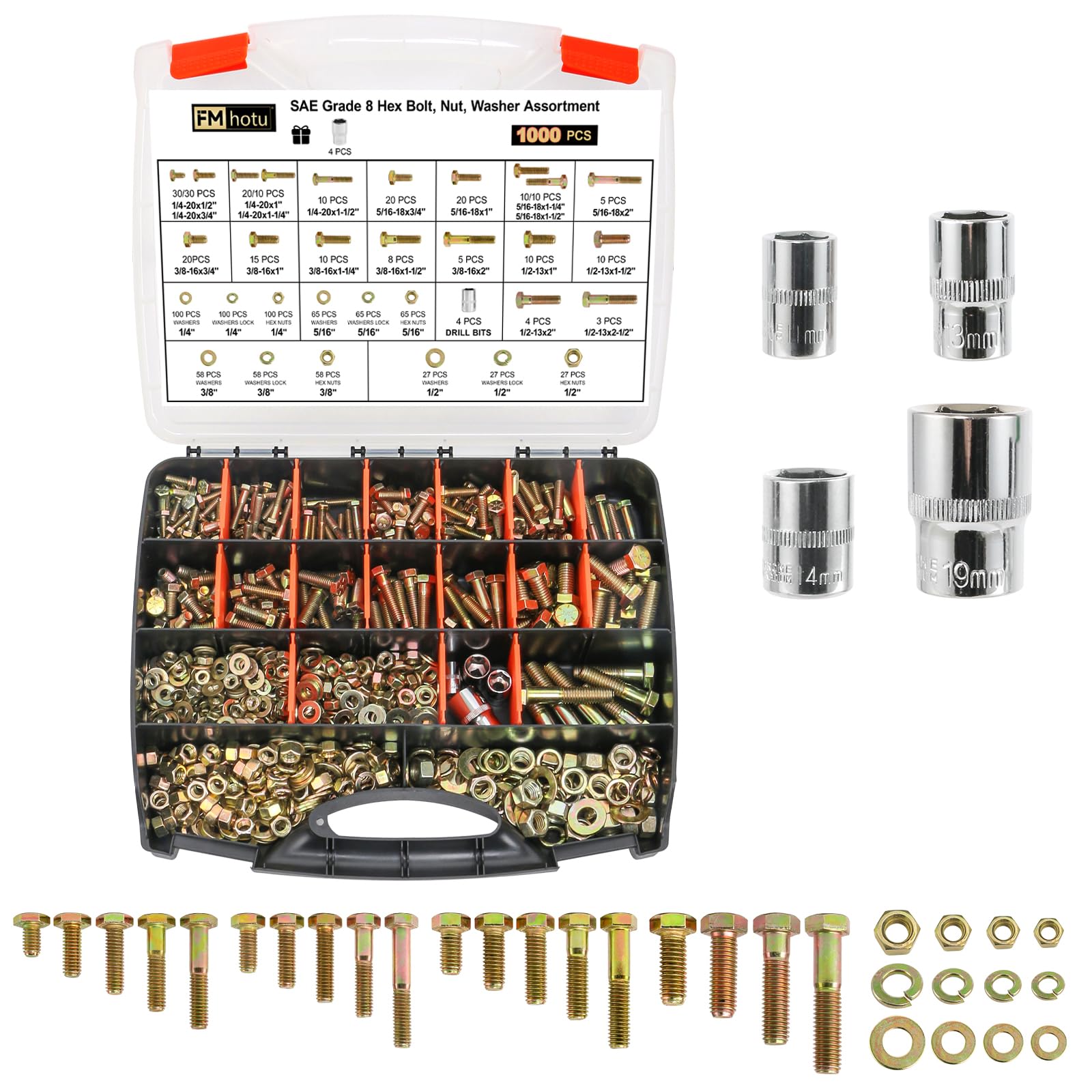 1000PCS Grade 8 Bolt Assortment Kit, Heavy Duty Bolts and Nuts Kit, 1/4-20 5/16-18 3/8-16 1/2-13 SAE Grade 8 Alloy Steel Hex Cap Screws Nuts Washers, Comes with 4 Bits?Yellow Zinc Plated?