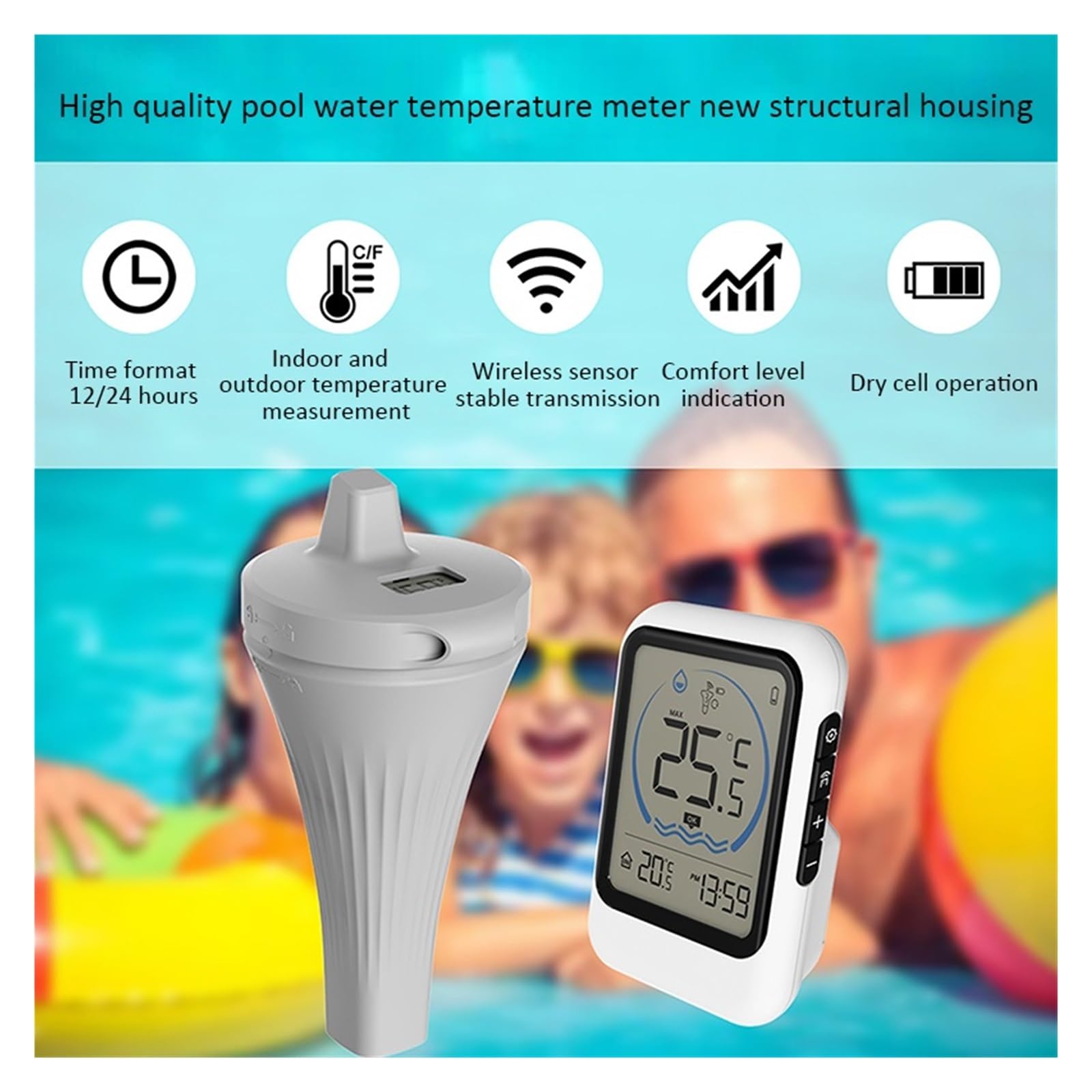 Thermomètre De Piscine Numérique Sans Fil, Flottant Multifonction, Jauge Température L'eau, Moniteur Lecture PréCise De La TempéRature