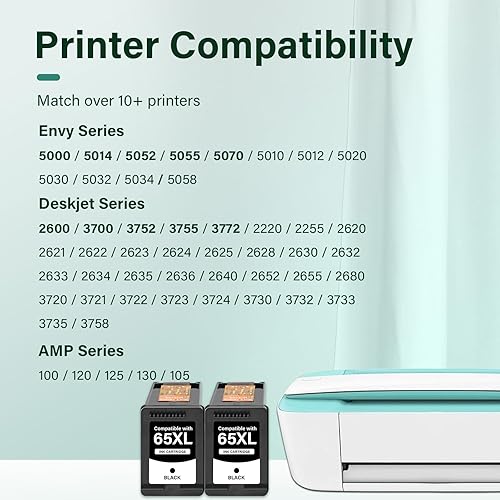 Miniatura 2 de 65XL 65 cartuchos de tinta negra 65XL Paquete combinado de repuesto remanufacturado para cartuchos de tinta HP 65 XL negro para impresora HP Envy