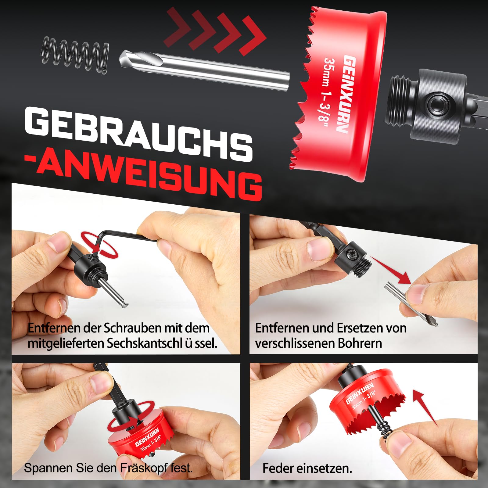 GEINXURN Piła otworowa, 22 mm, 29 mm, 35 mm, HSS bi-metal, do aluminium, drewna, żeliwa, mosiądzu, tynku, niebieskiego, żółtego, czerwonego, 3 szt