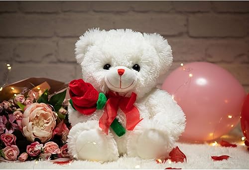 Miniatura 2 de HollyHOME Oso de peluche de oso de rosas con lazo rojo suave juguete de peluche regalo de 12 pulgadas blanco