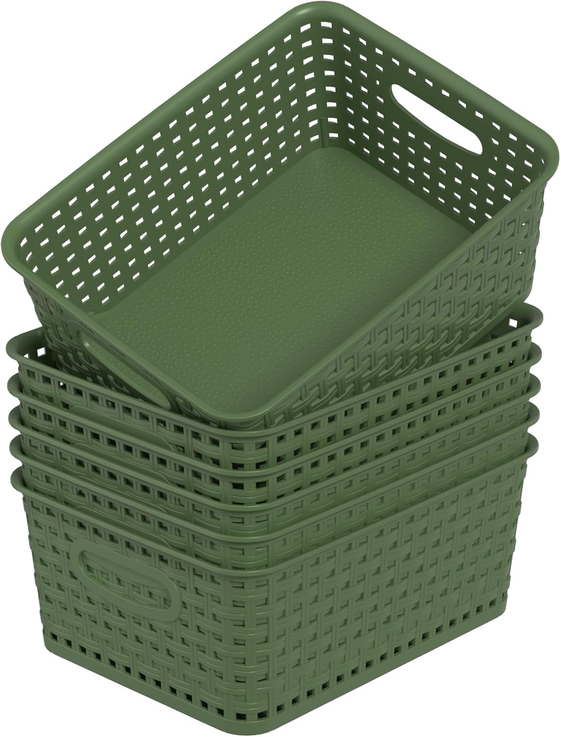 6 Packs Plastic Organizer Shelf Baskets, Desktop Weave Storage Basket, Green Storage Baskets for Cabinet, Pantry