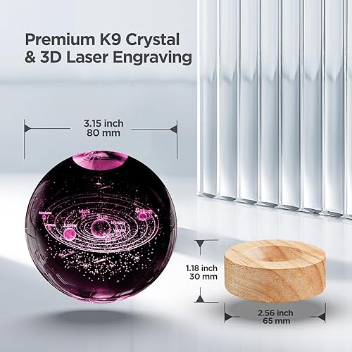 Miniatura 5 de Luz nocturna de bola de cristal con sistema solar 3D con base LED de madera de 16 colores mejorada de 3.15 pulgadas, lámpara de bola de planetas