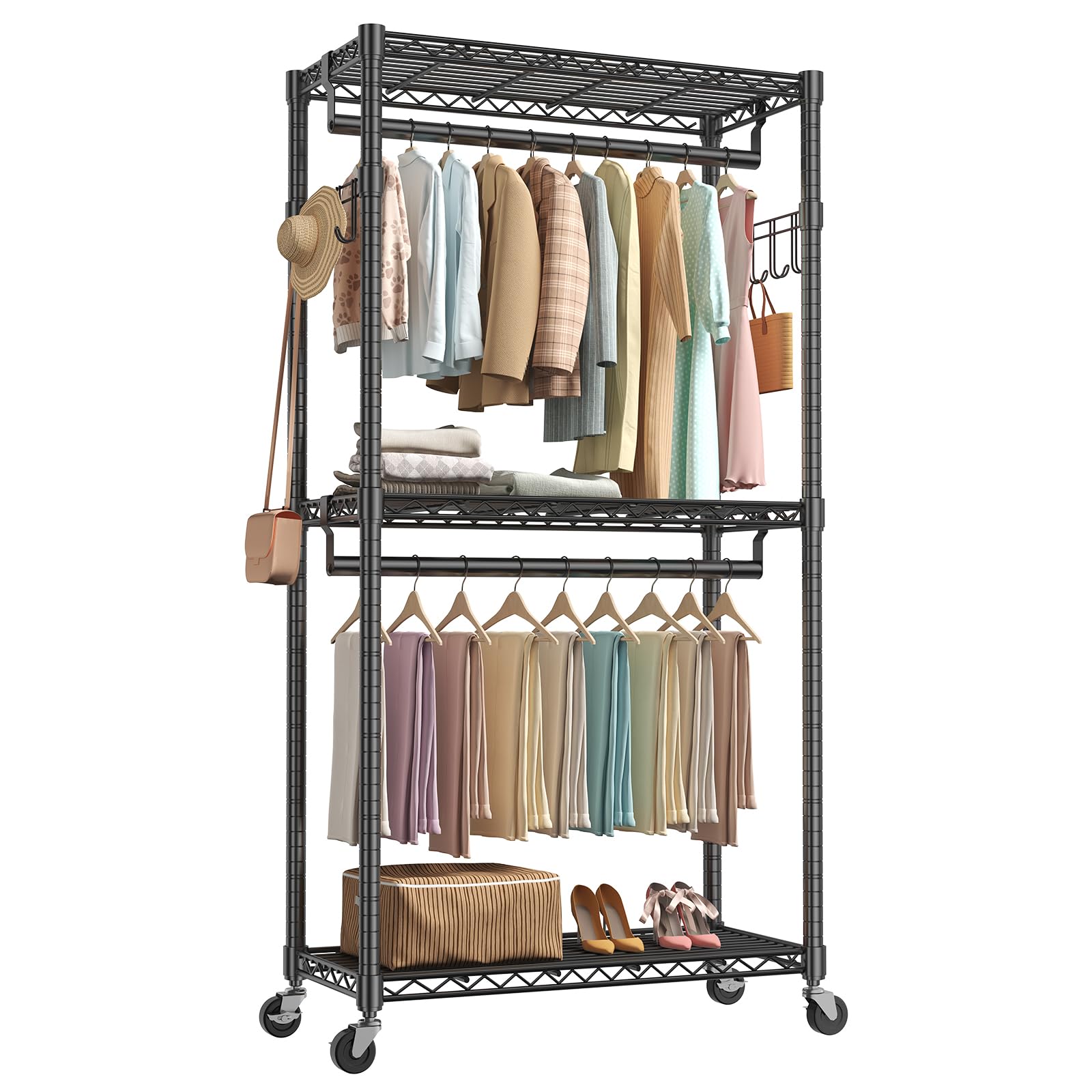 NEWBULIG - Perchero de ropa ajustable resistente con ruedas, organizador de clóset no empotrado de metal con varillas dobles y 2 ganchos laterales para colgar ropa, 35 x 15 x 75 pulgadas, negro