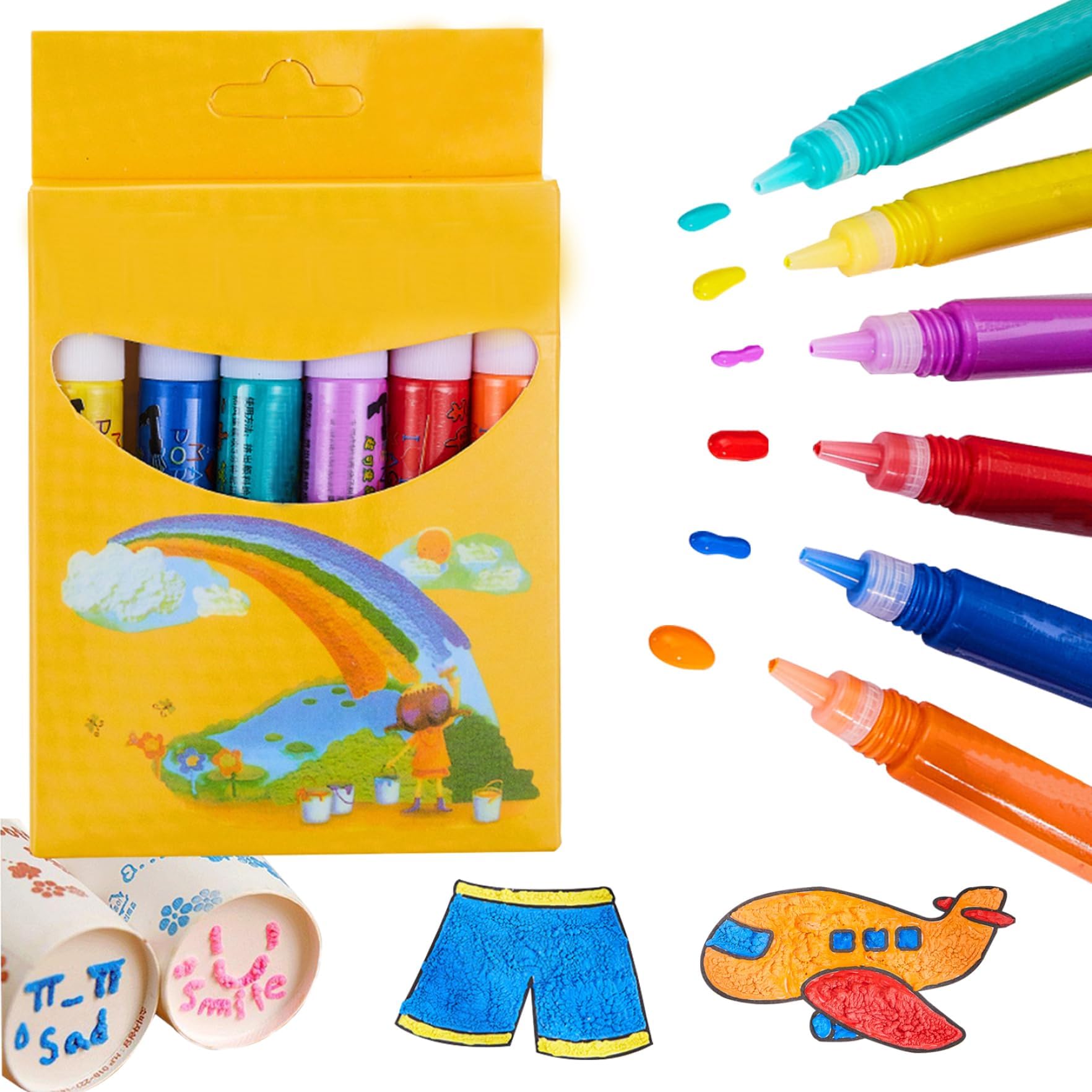 KASTWAVE Popcorn Pens 6 Pcs Set, 3D Art Magic Puffy Pens, Safe DIY Bubble Drawing Pens for Kids, Ideal for Greeting, Birthday, and Christmas Gift Cards, Paintbrush Sets Included