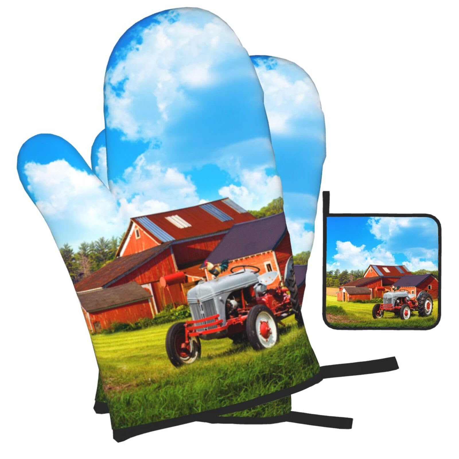 Company Farm Tractor Printed Oven Mitts and Pot Holders Heat Resistant Set of 3 Pcs, Modern Kitchen Gloves & Potholders for Cooking Baking Grilling
