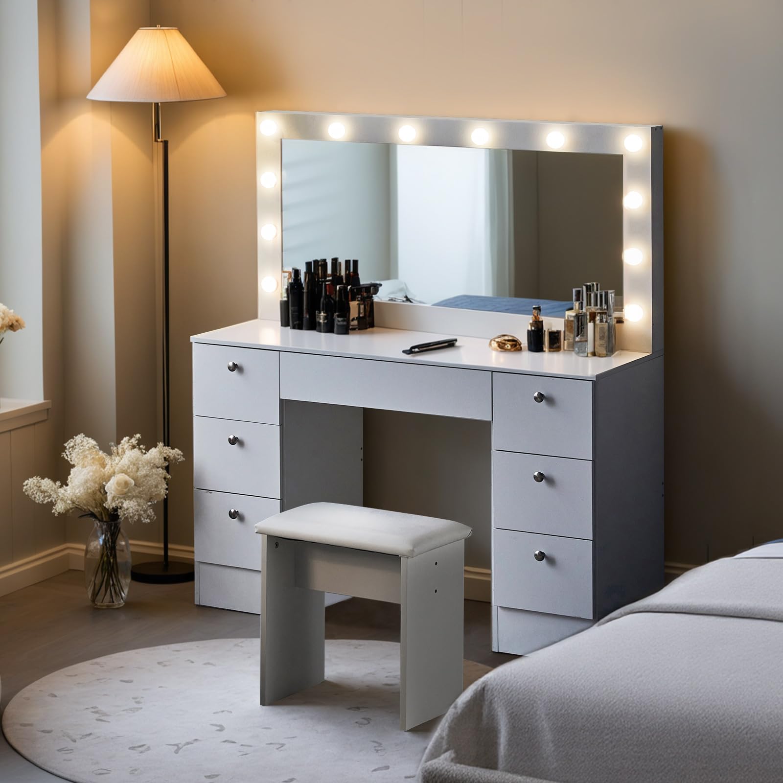 LEMROE Toletta da Trucco con Luci LED e Specchio Grande, Luminosità Regolabile, Postazione Trucco con Luci, Toeletta da Trucco con sgabell, 7 Cassetti