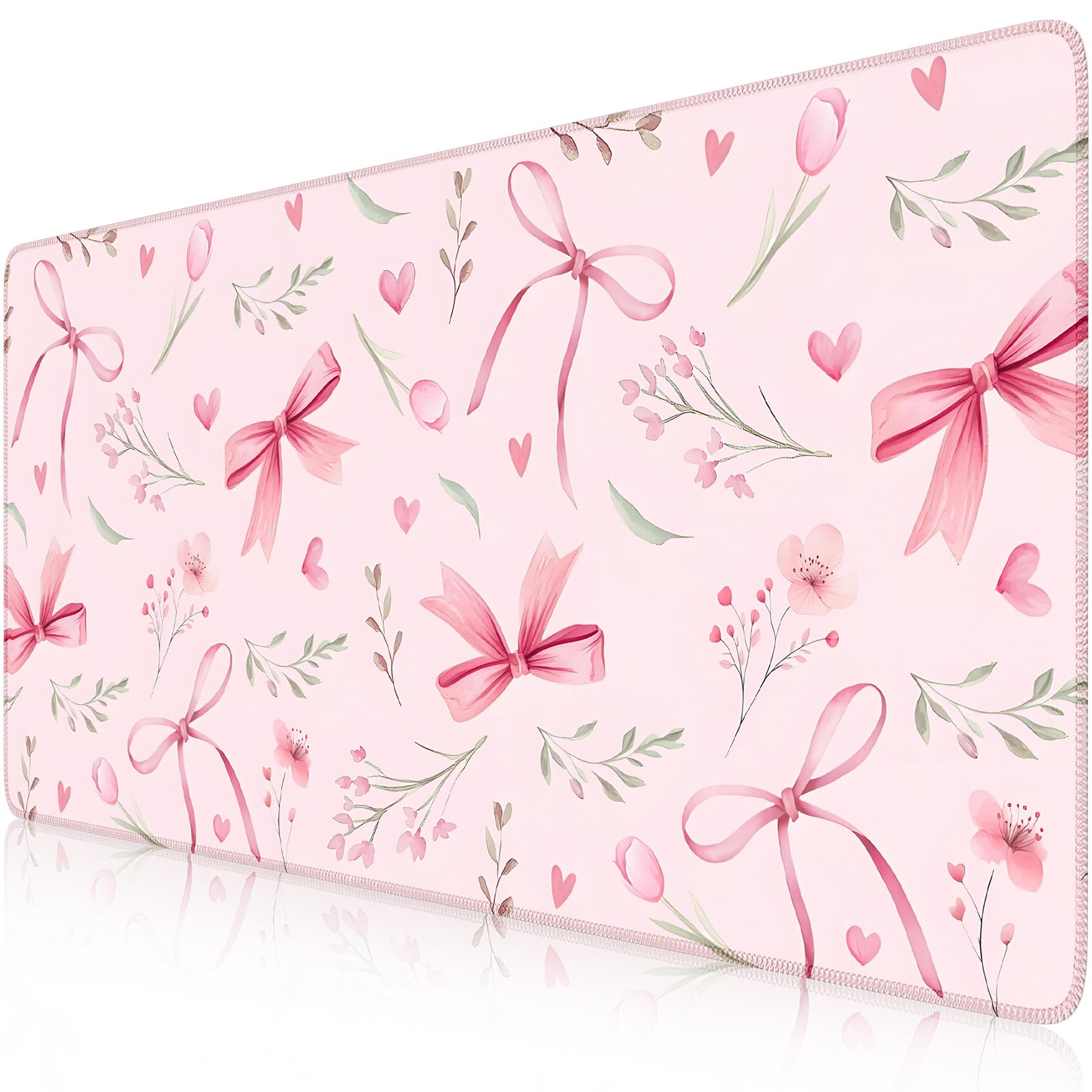 HAOCOO Cute Floral Desk Mat, Large Waterproof Mouse Pad, Girly Desk Matt for Desktop, 35.4" x 15.7" Non-Slip Keyboard Pad, Computer Mat with Stitched Edge, Office Decor Home Desk Accessories (): Pink Bow