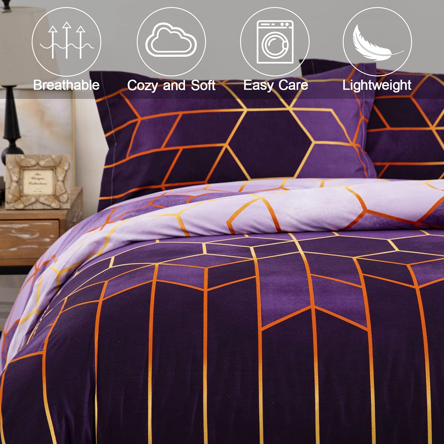DJY Purple Geometric Duvet Cover Golden Stripes Soft Microfiber Bedding Duvet Cover Set - Image 4