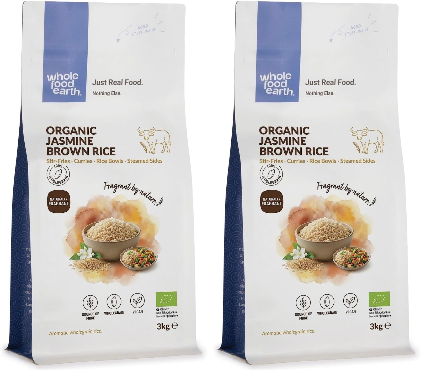 Wholefood Earth Organic Jasmine Brown Rice 3kg Raw | GMO Free | Vegan | Source of Fibre | Certified Organic (Packung mit 2)