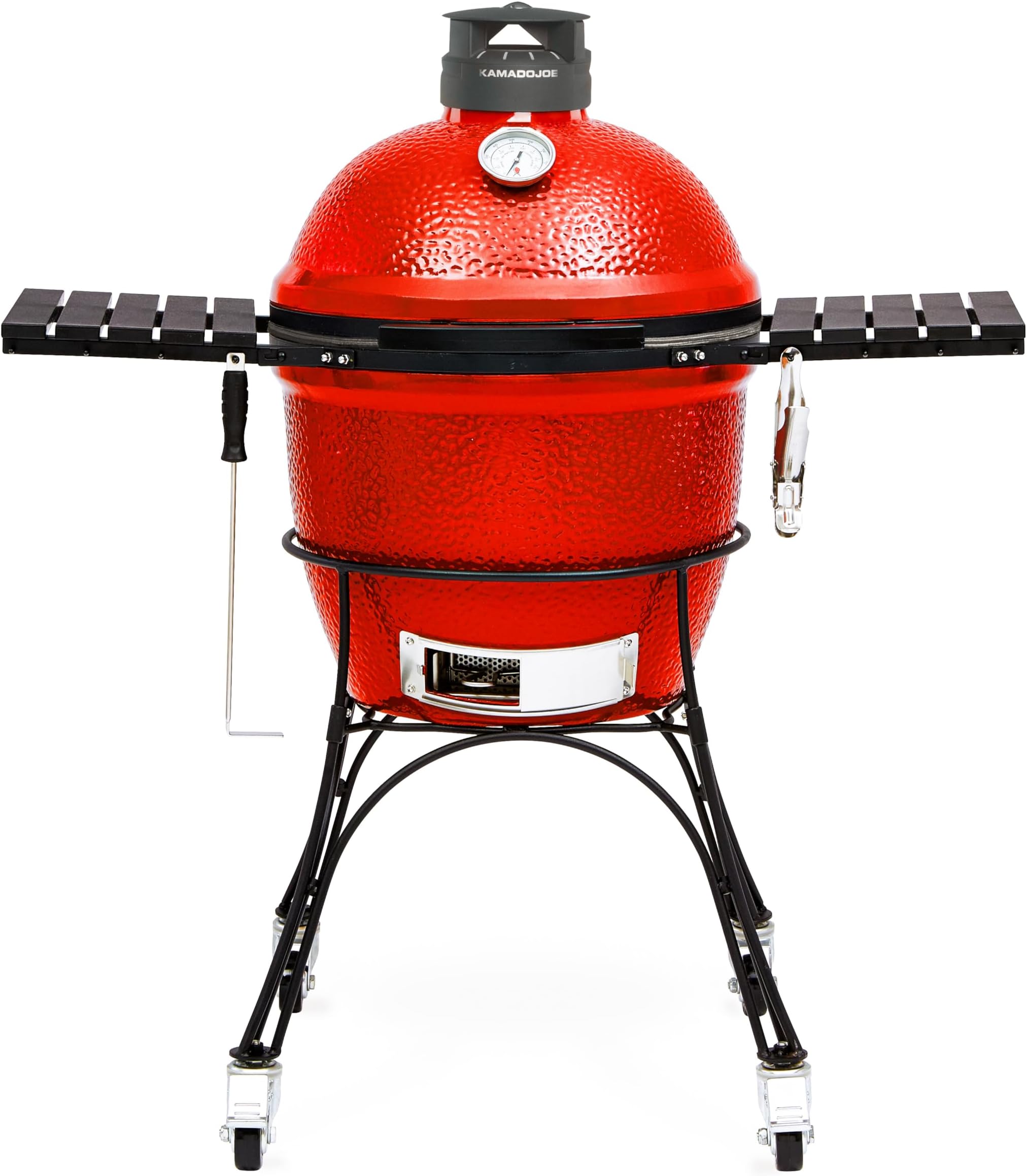 Kamado Joe KJ23RHC Classic II Smoker BBQ, Outdoor Charcoal Barbecue Grill In Red With Cast Iron Cart, Heat Deflectors And Ash Tool