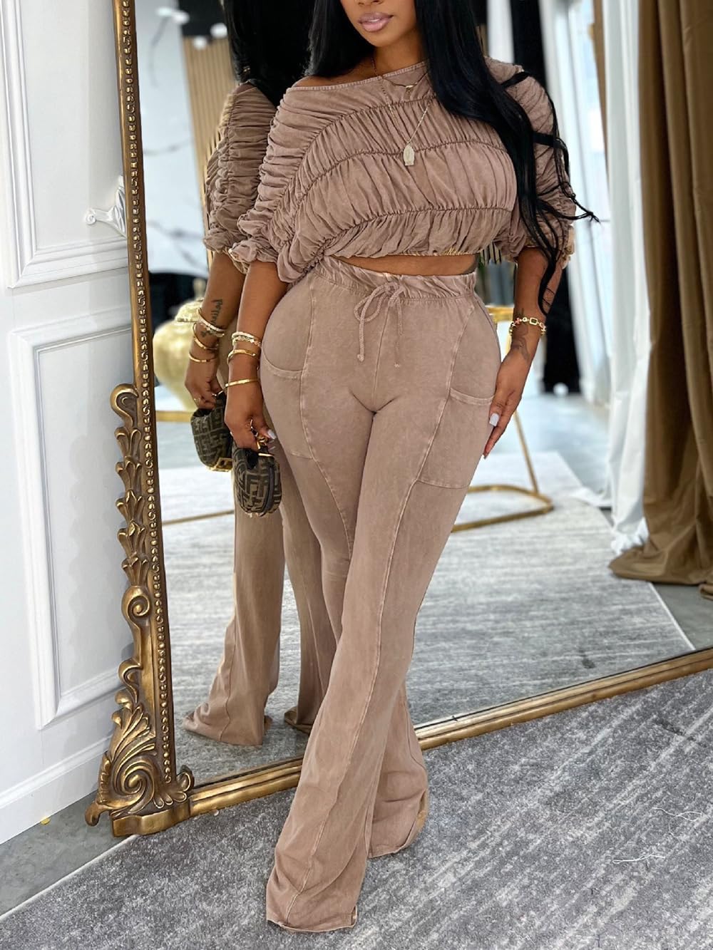 Women's Fall Two Piece Outfits One Shoulder Ruched Long Sleeve Crop Top Flared Pants Lounge Sets - Image 2